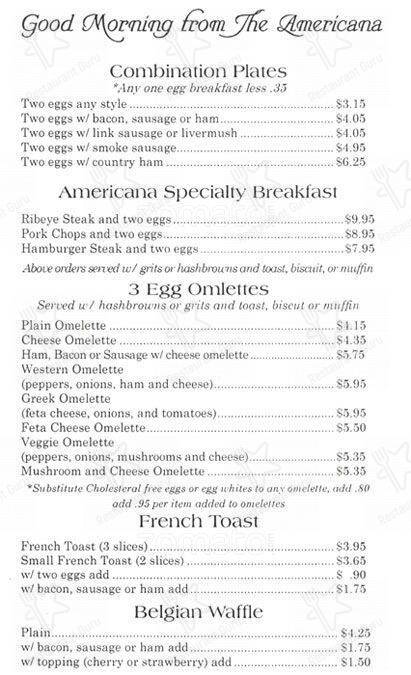 Menu At Americana Restaurant, Matthews, Matthews-mint Hill Rd