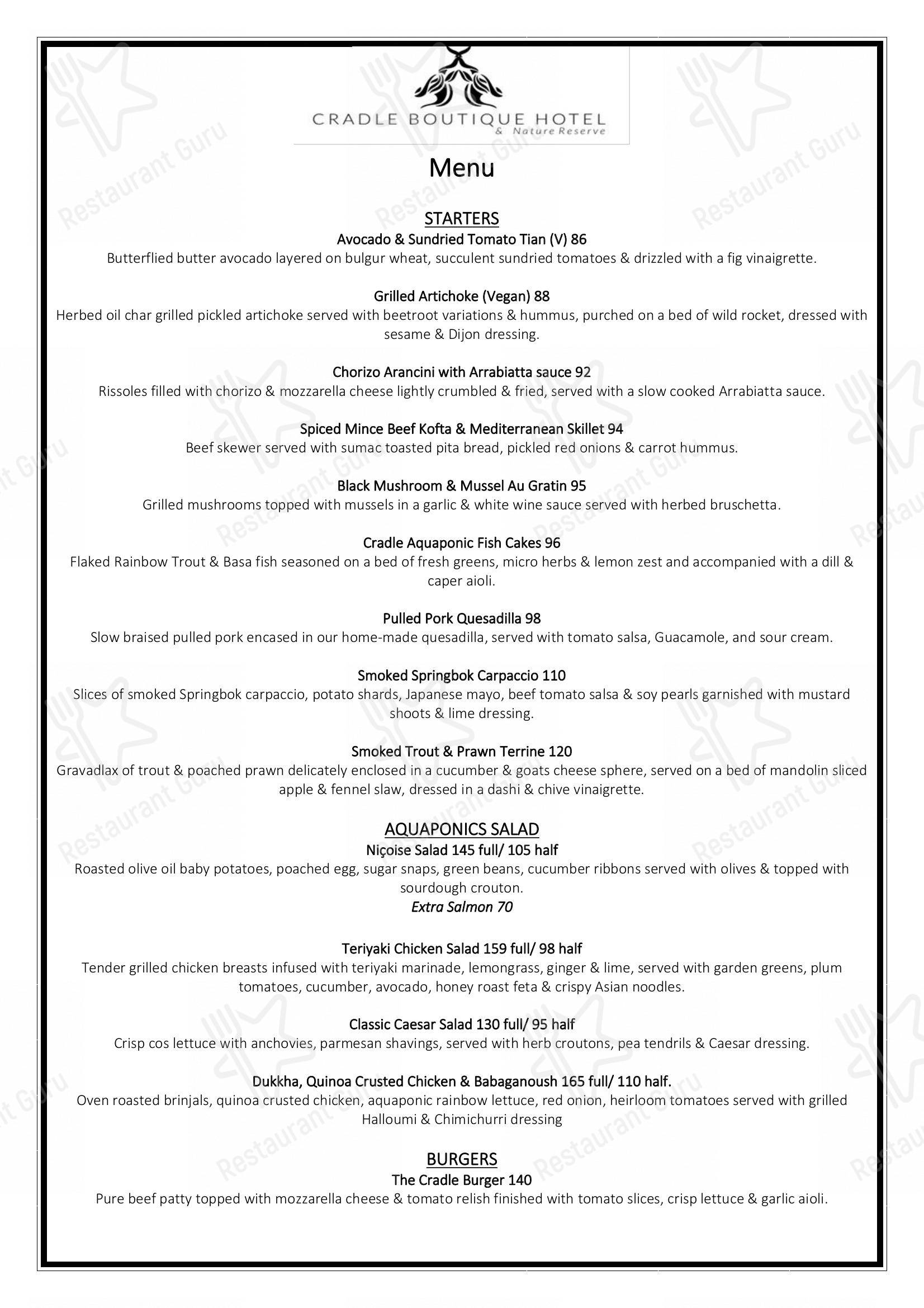 Menu at The Cradle Restaurant at Cradle Boutique Hotel, Krugersdorp