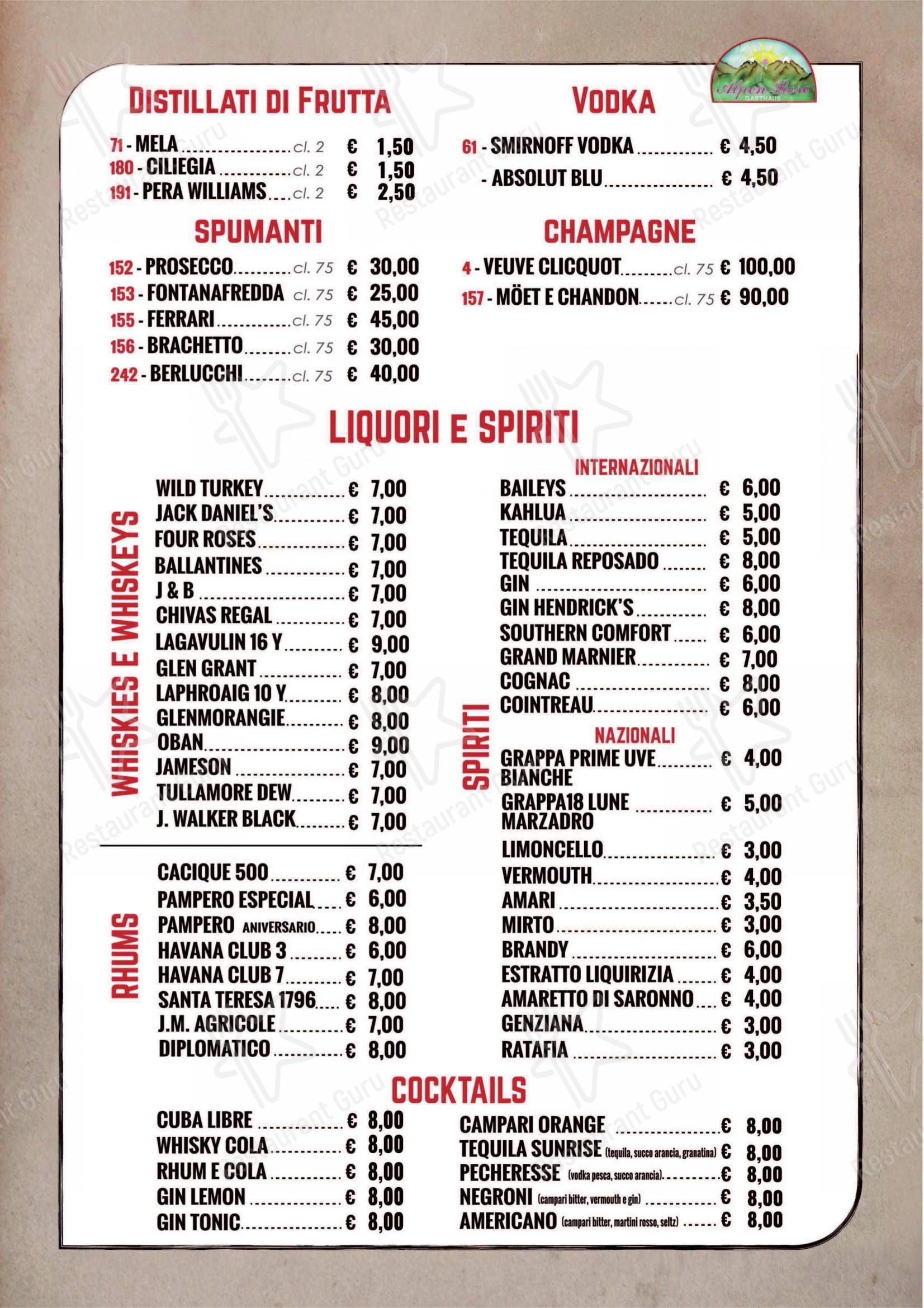 Основное меню per Alpen Rose pub & bar