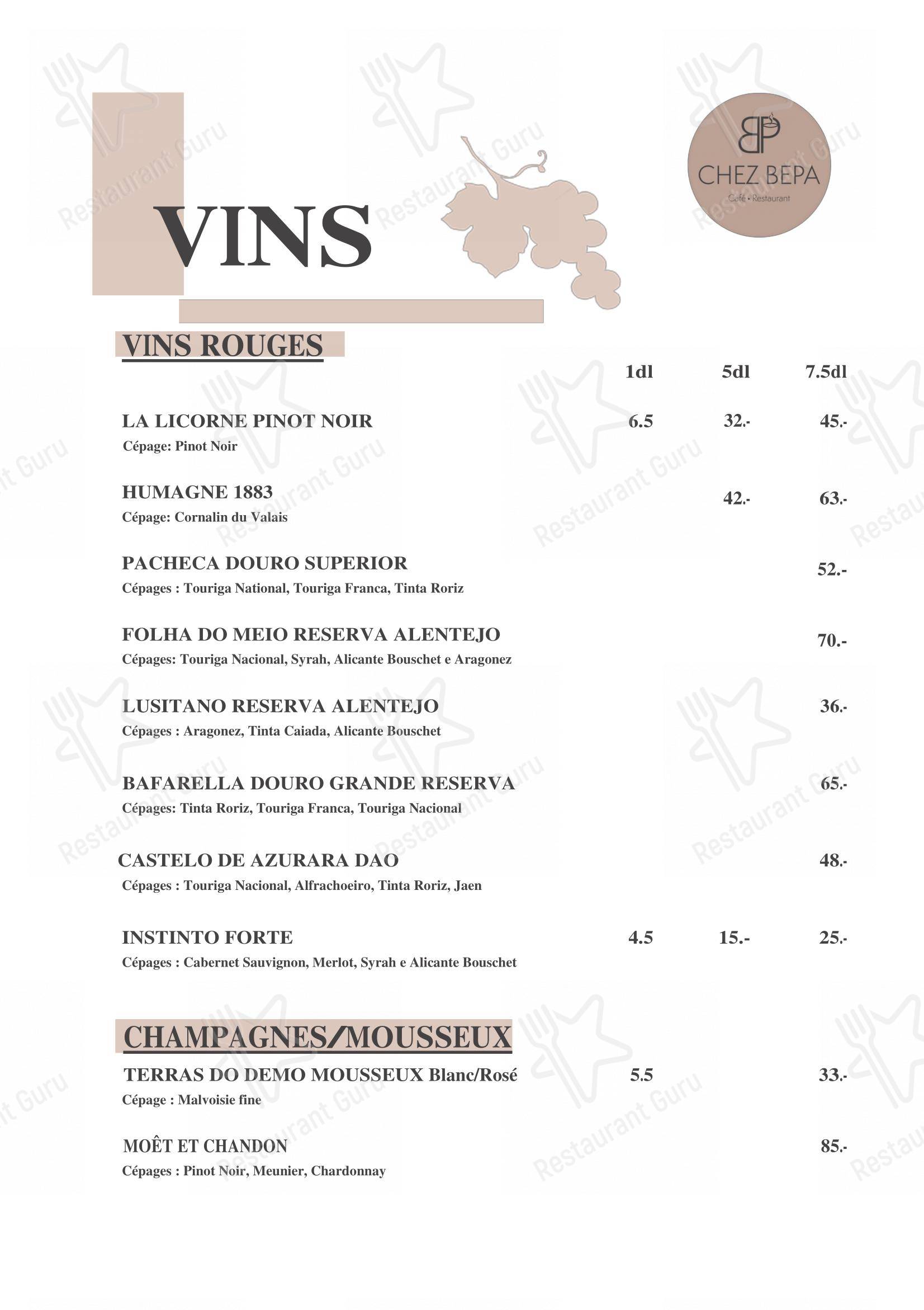 菜单 per Café-Restaurant CHEZ BEPA in Crissier