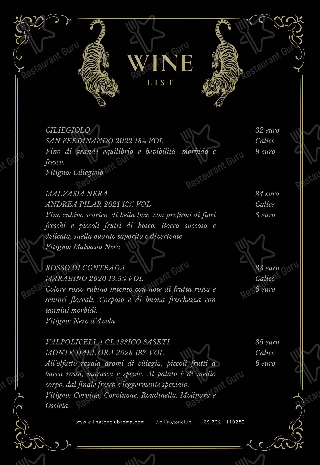 Menu per Ellington Club in Roma