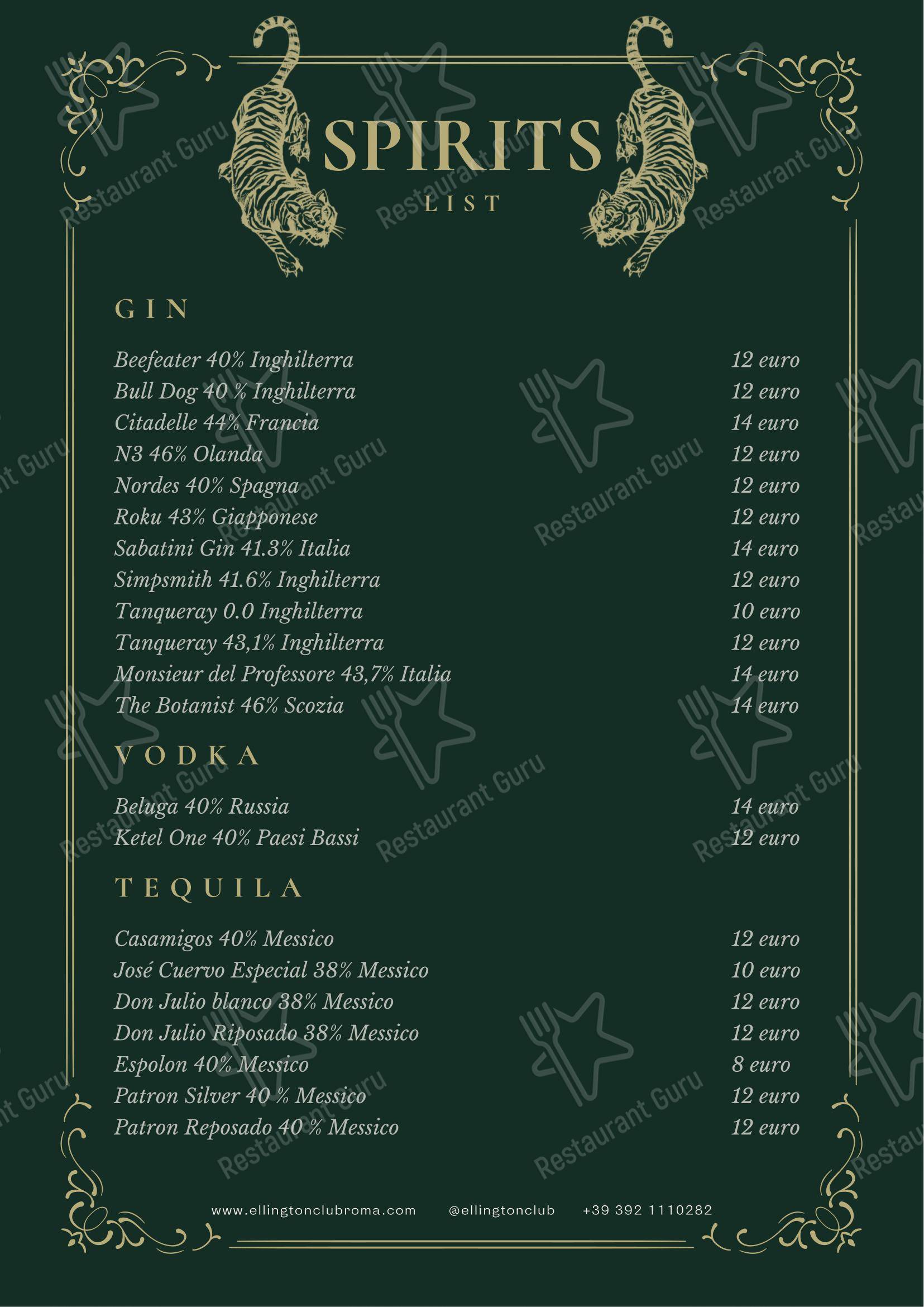 Menu bar per Ellington Club in Roma