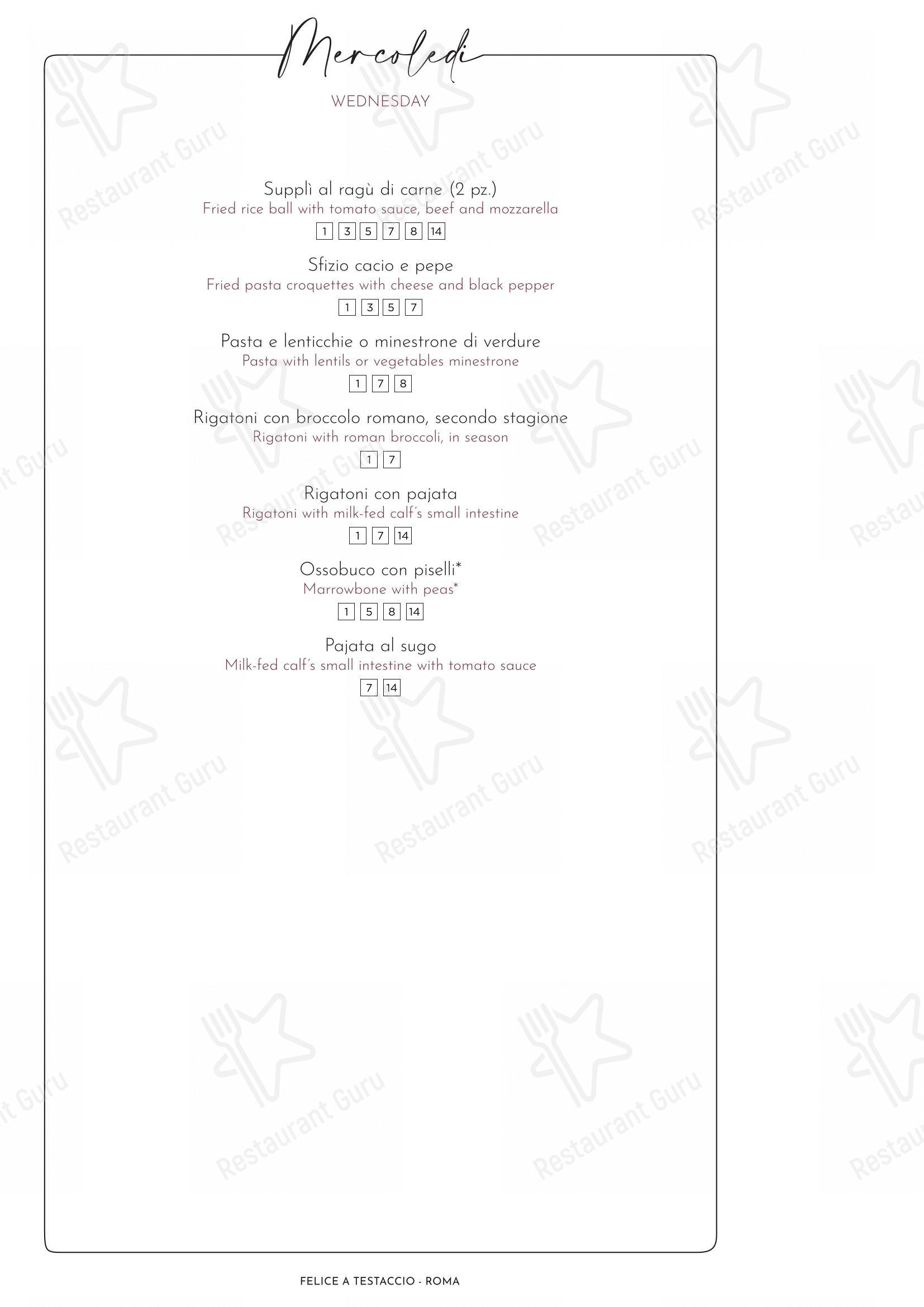 Menu per Felice a Testaccio ROMA in Roma