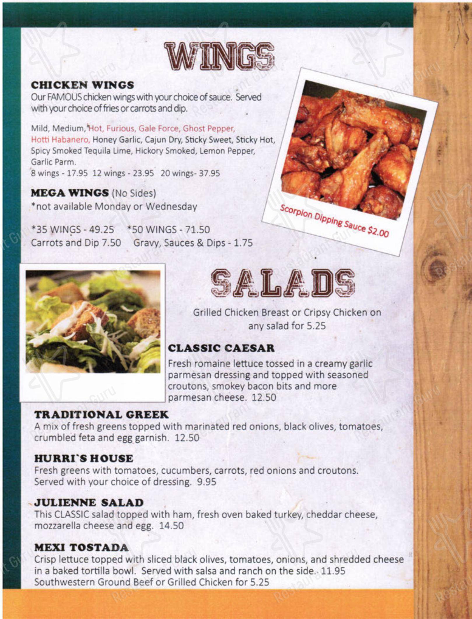 Menu pour Hurricanes - Menu
