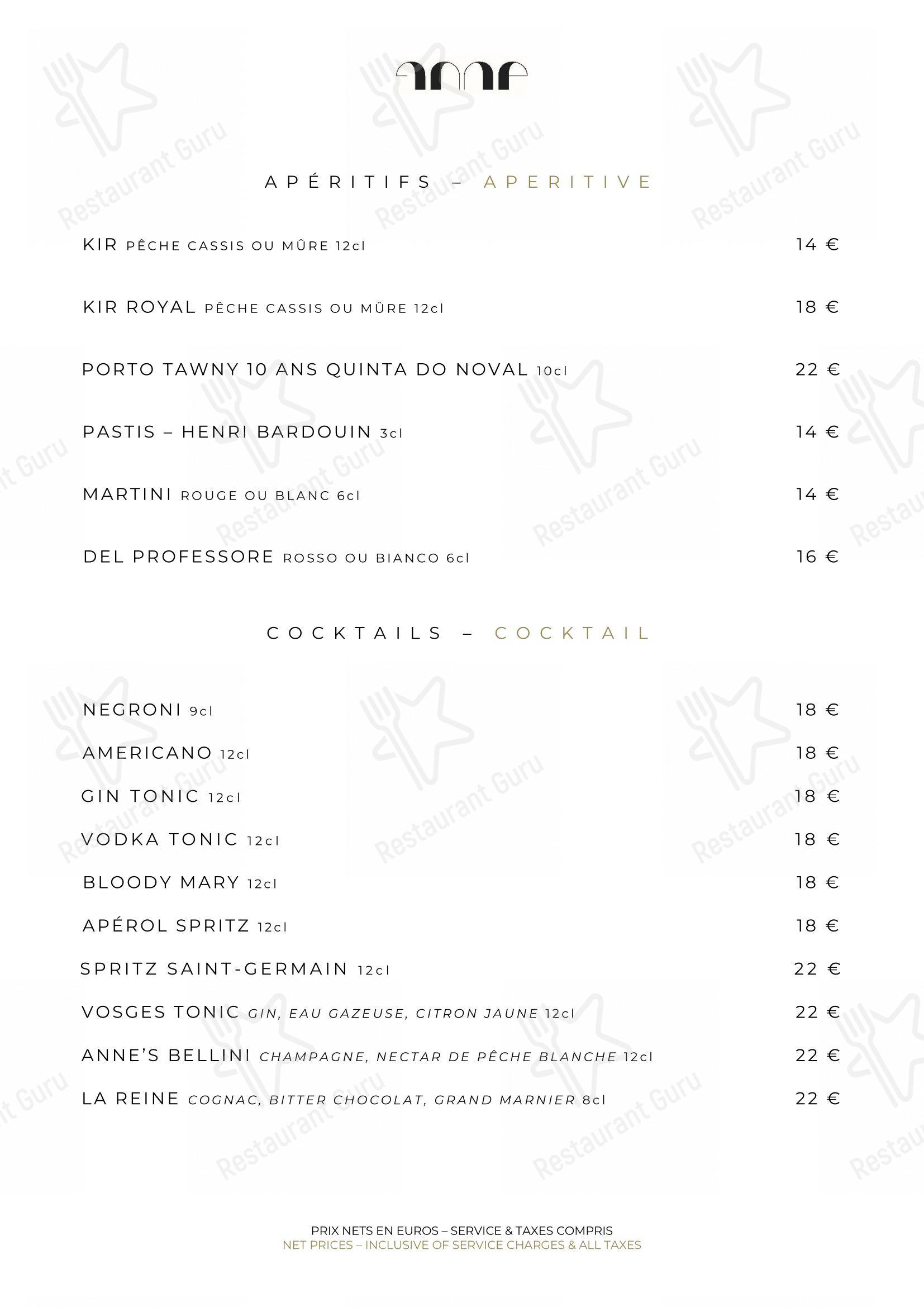 Menu pour Le Pavillon de la Reine - Dinner Menu