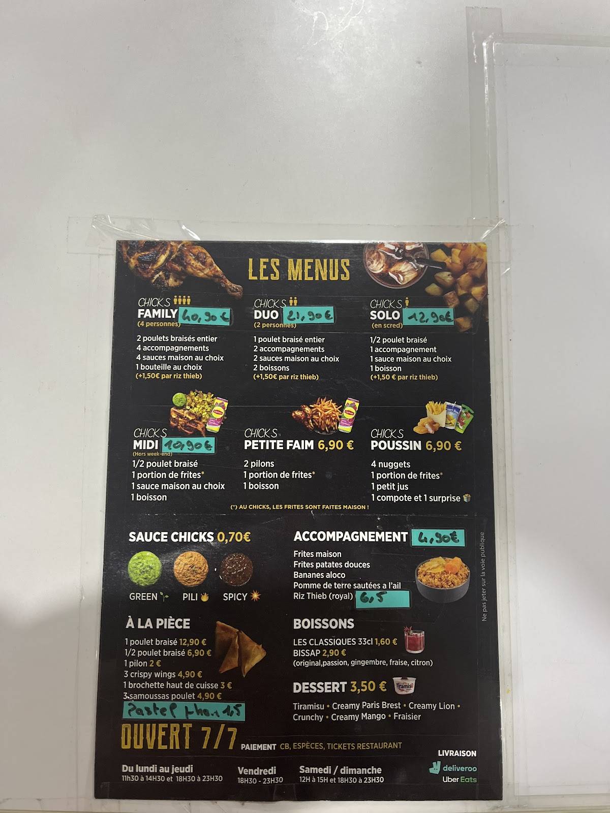 Menu de Chicks