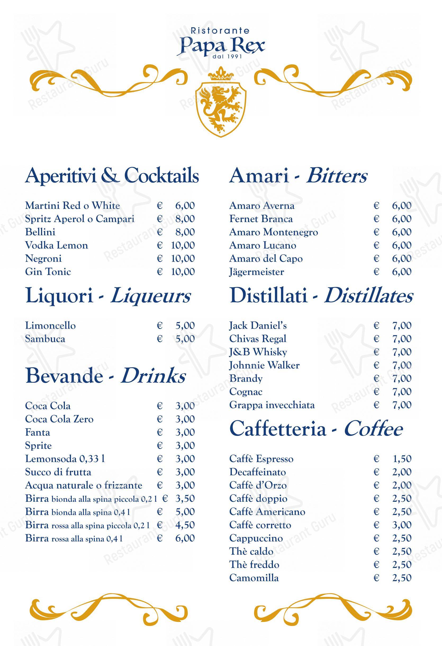 Menu di Papa Rex Ristorante - dal 1991 - - Menu