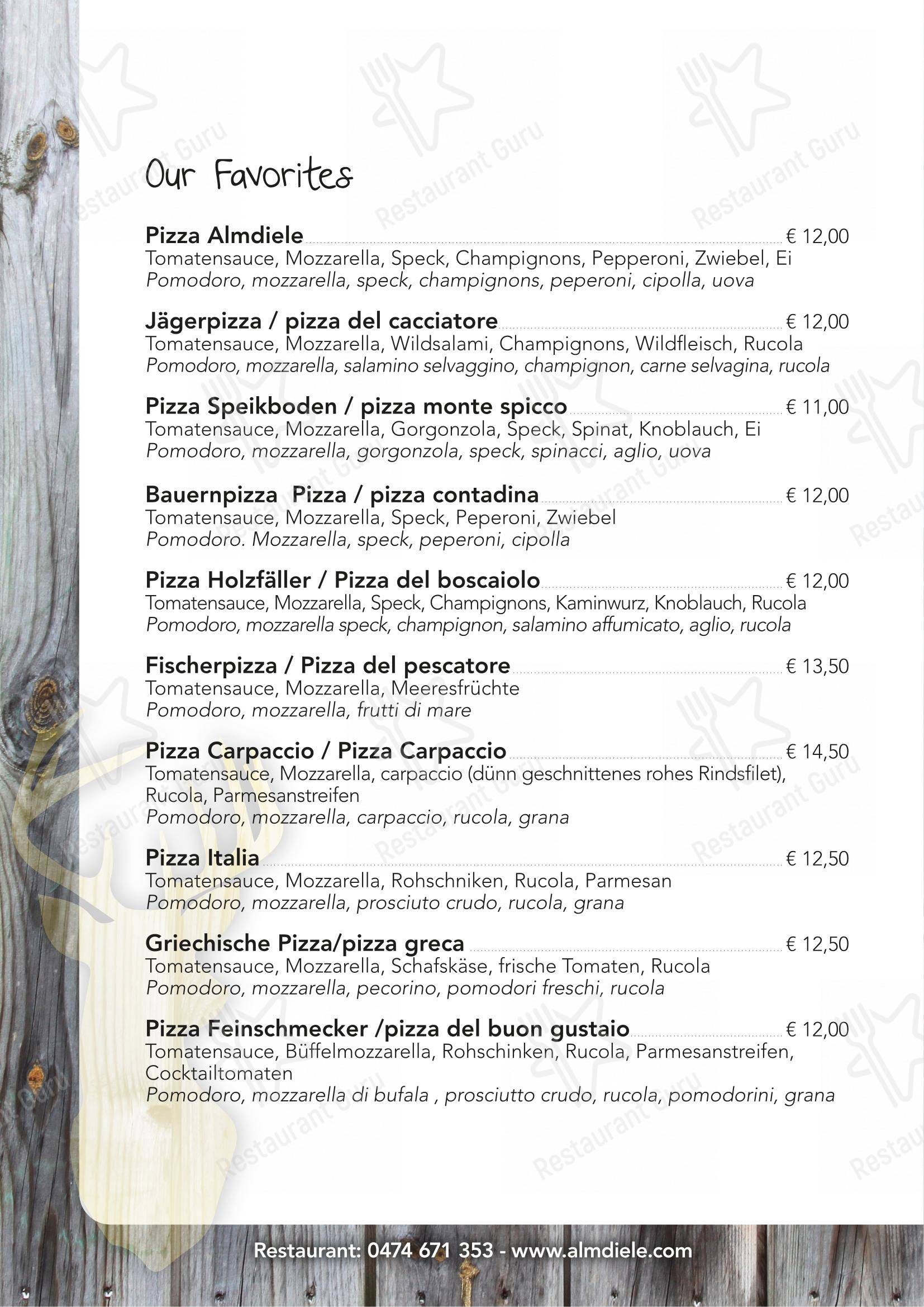 Menu bar per Ristorante Pizzeria Almdiele in Lutago