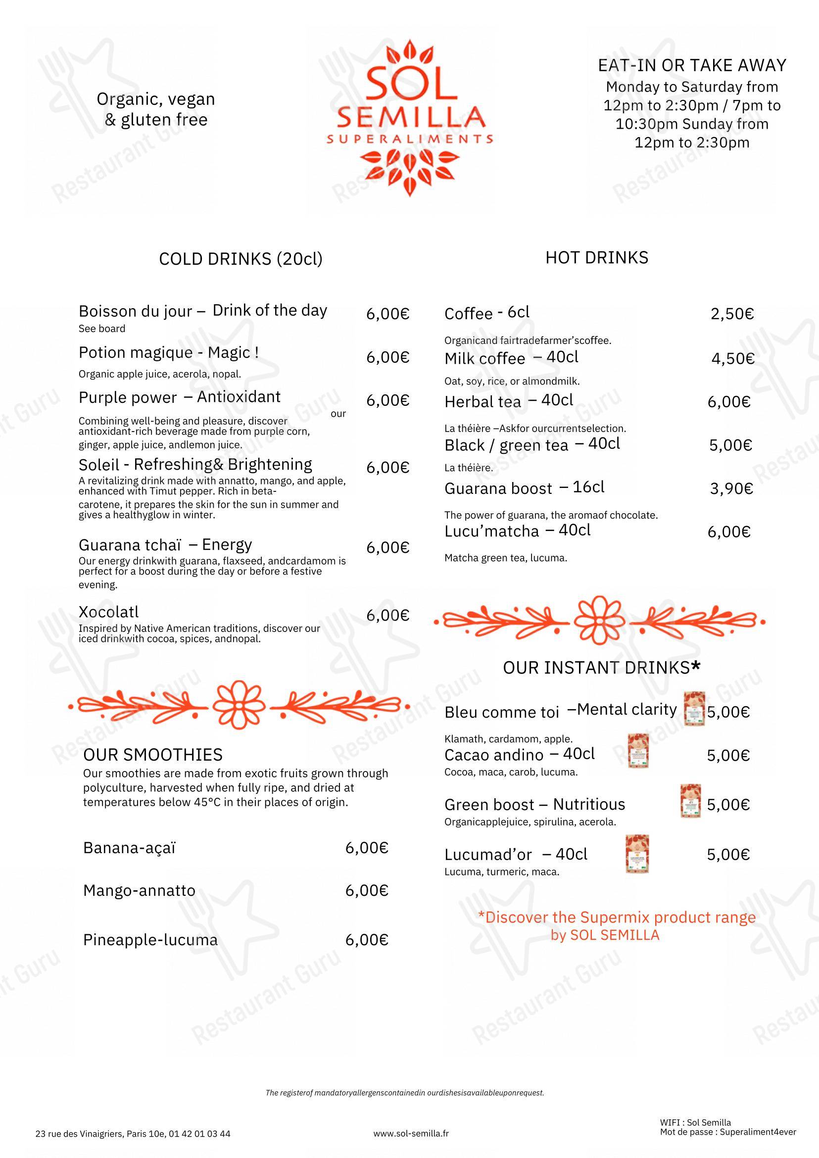 Menu bar pour SOL SEMILLA dans Paris