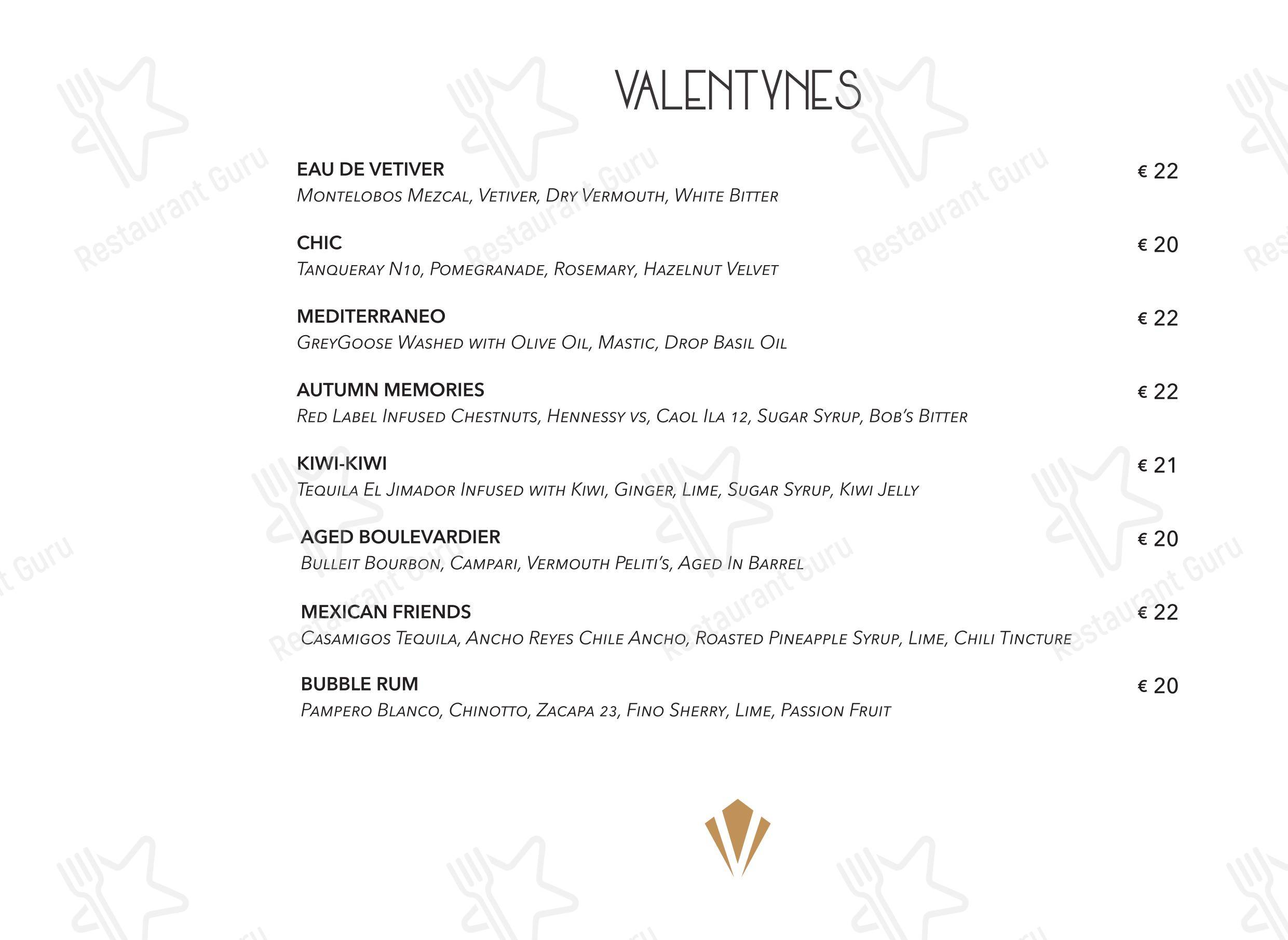 Menu bar per Valentyne Restaurant & Club in Roma