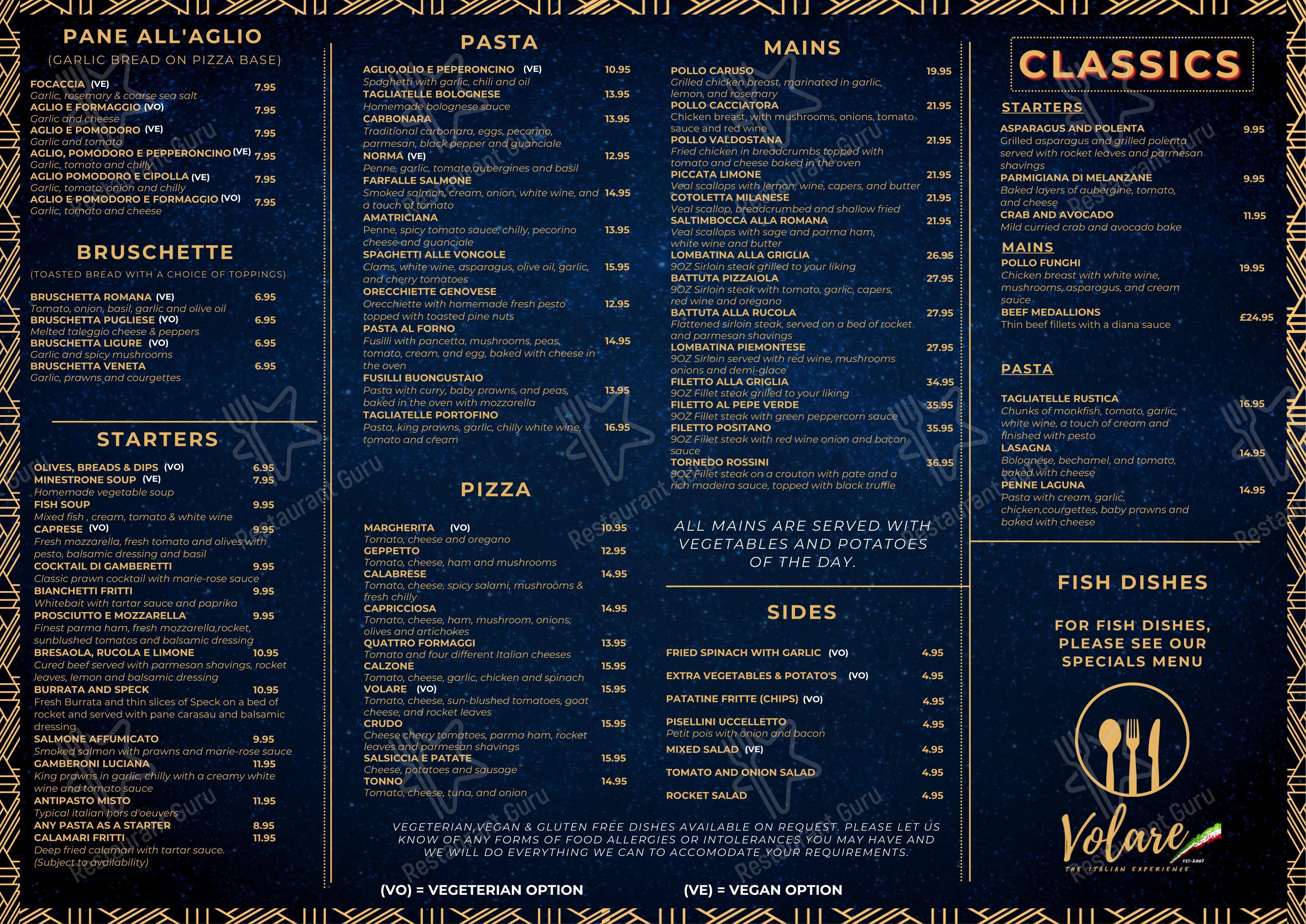 Menu at Volare restaurant, Southport