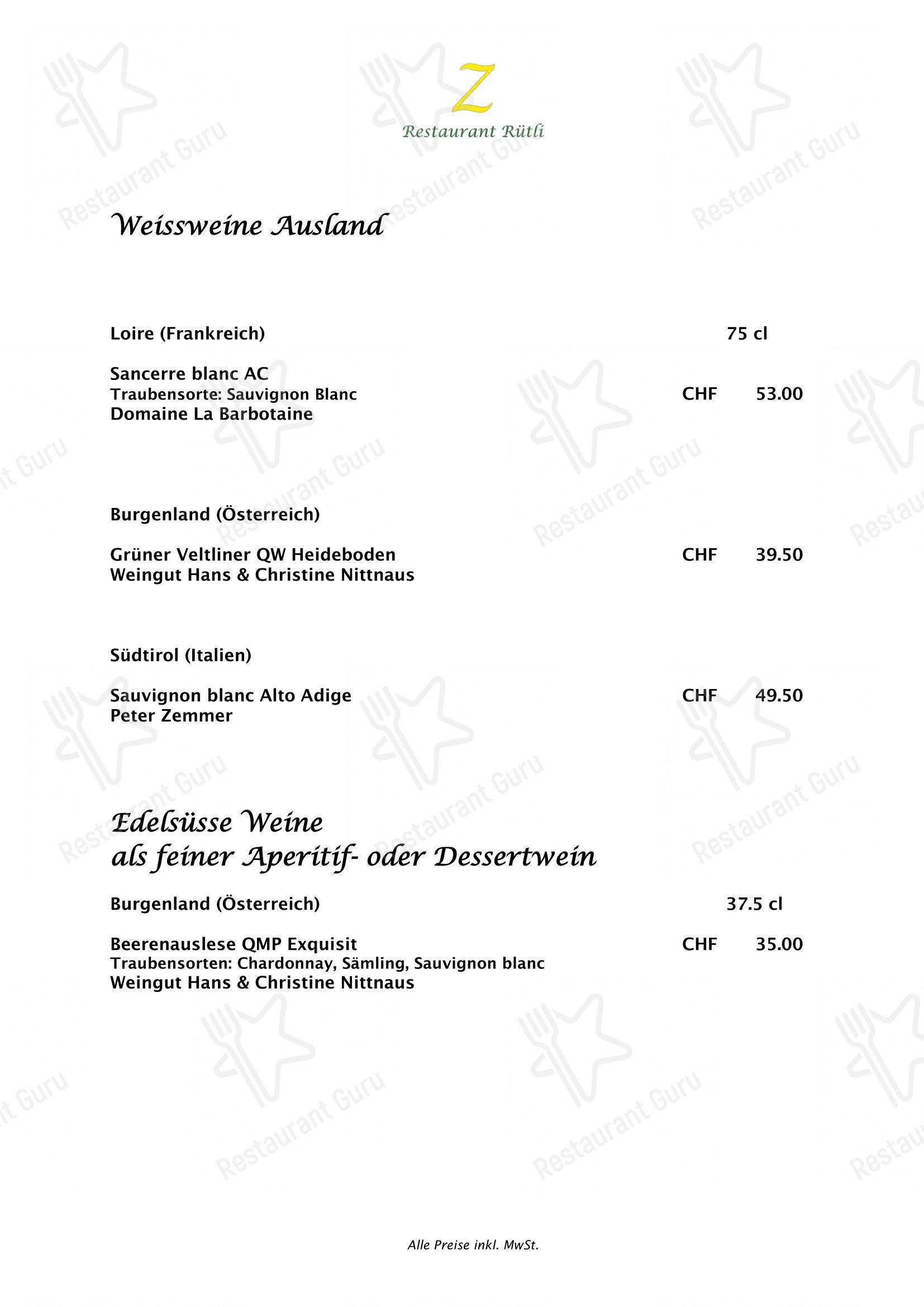 Menu di Zeno's Restaurant Rütli - Основное меню