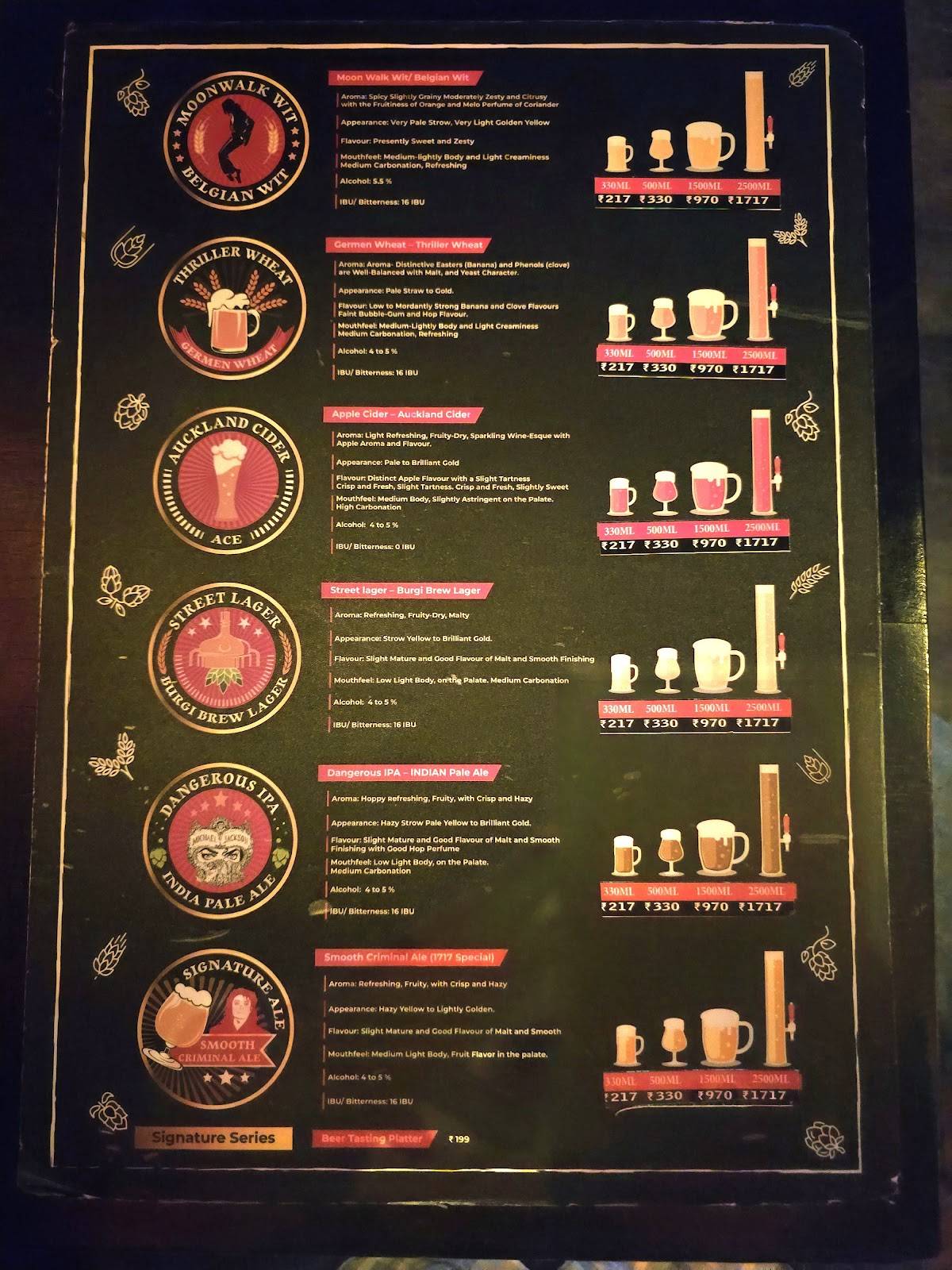 1717 Thriller Brew House menu