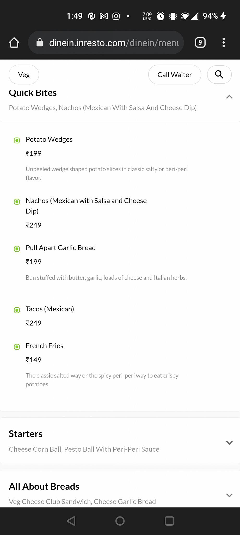 18.19 Cafe' Lounge menu