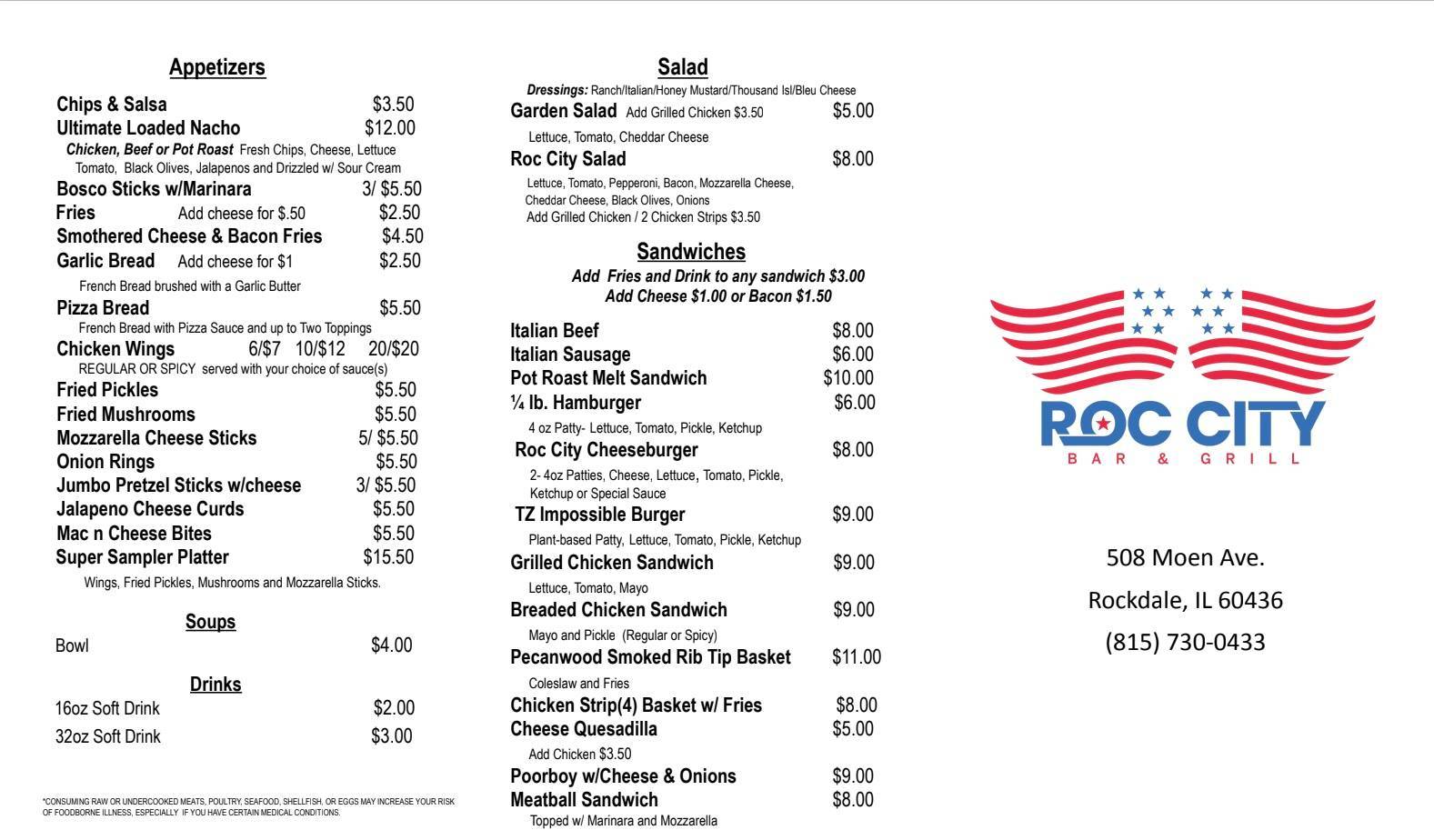 Menu at Roc City Bar & Grill, Rockdale