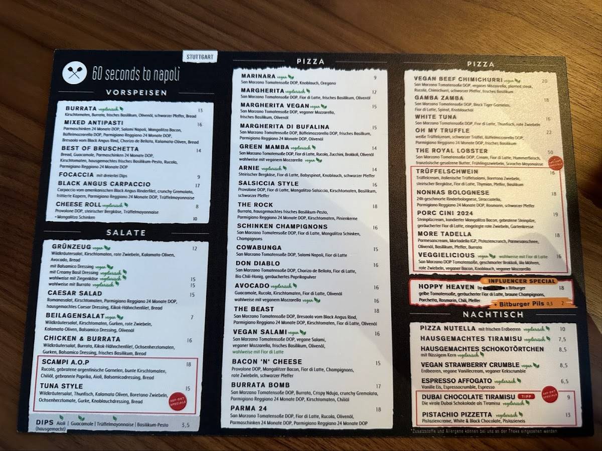 Speisekarte von 60 seconds to napoli stuttgart pizza stuttgart