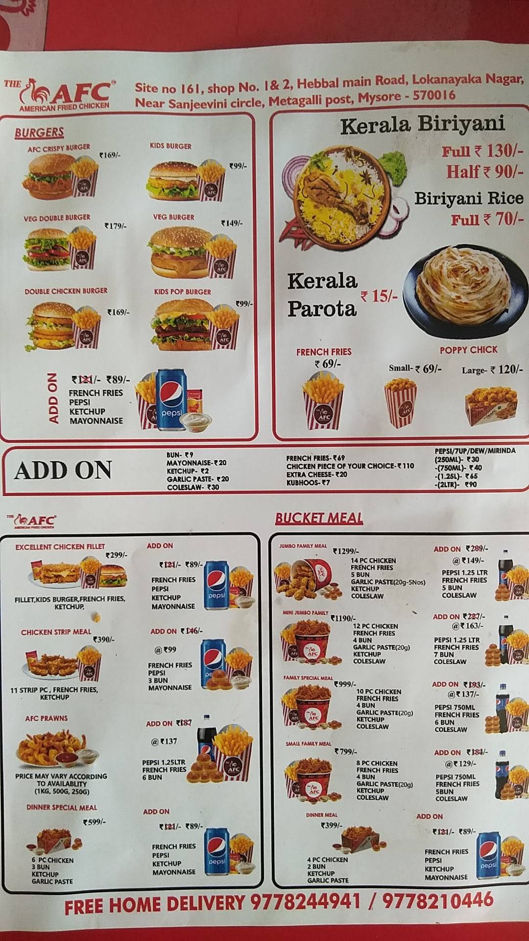 AFC Mysore (American Fried Chicken Mysuru) menu