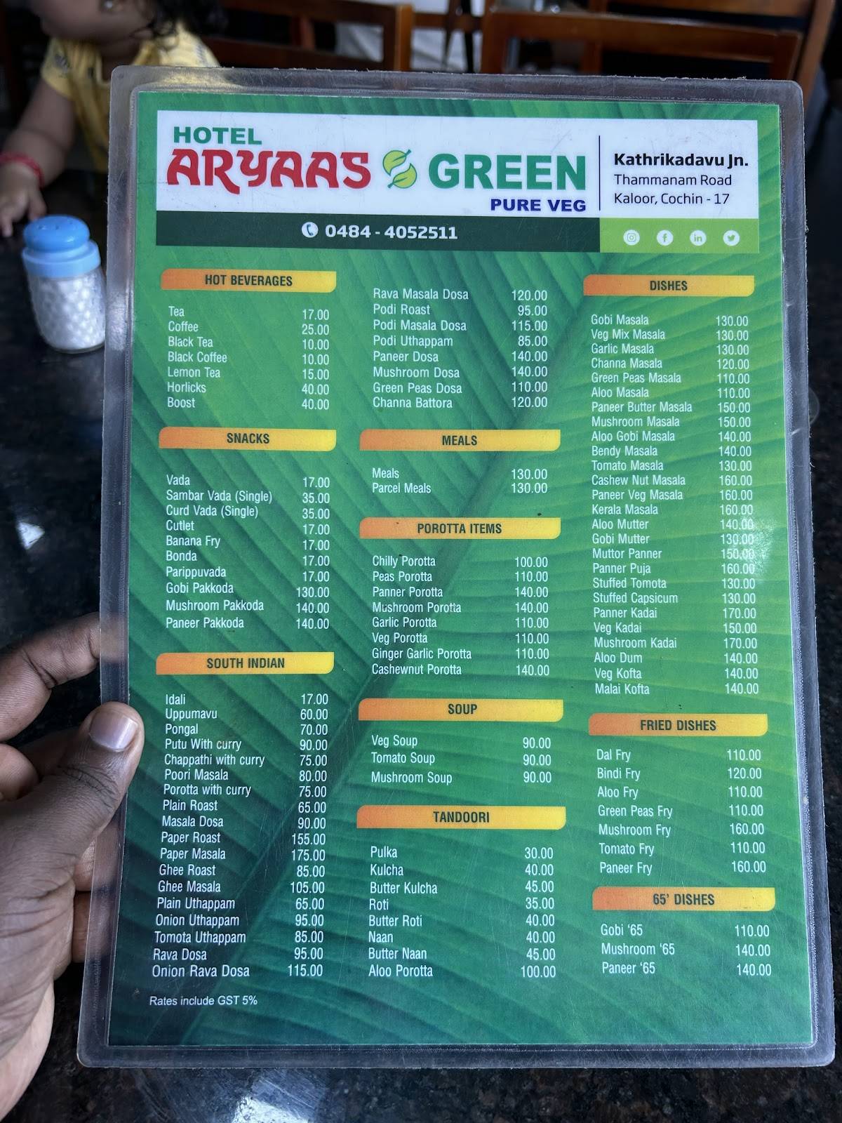 ARYAAS GREEN menu