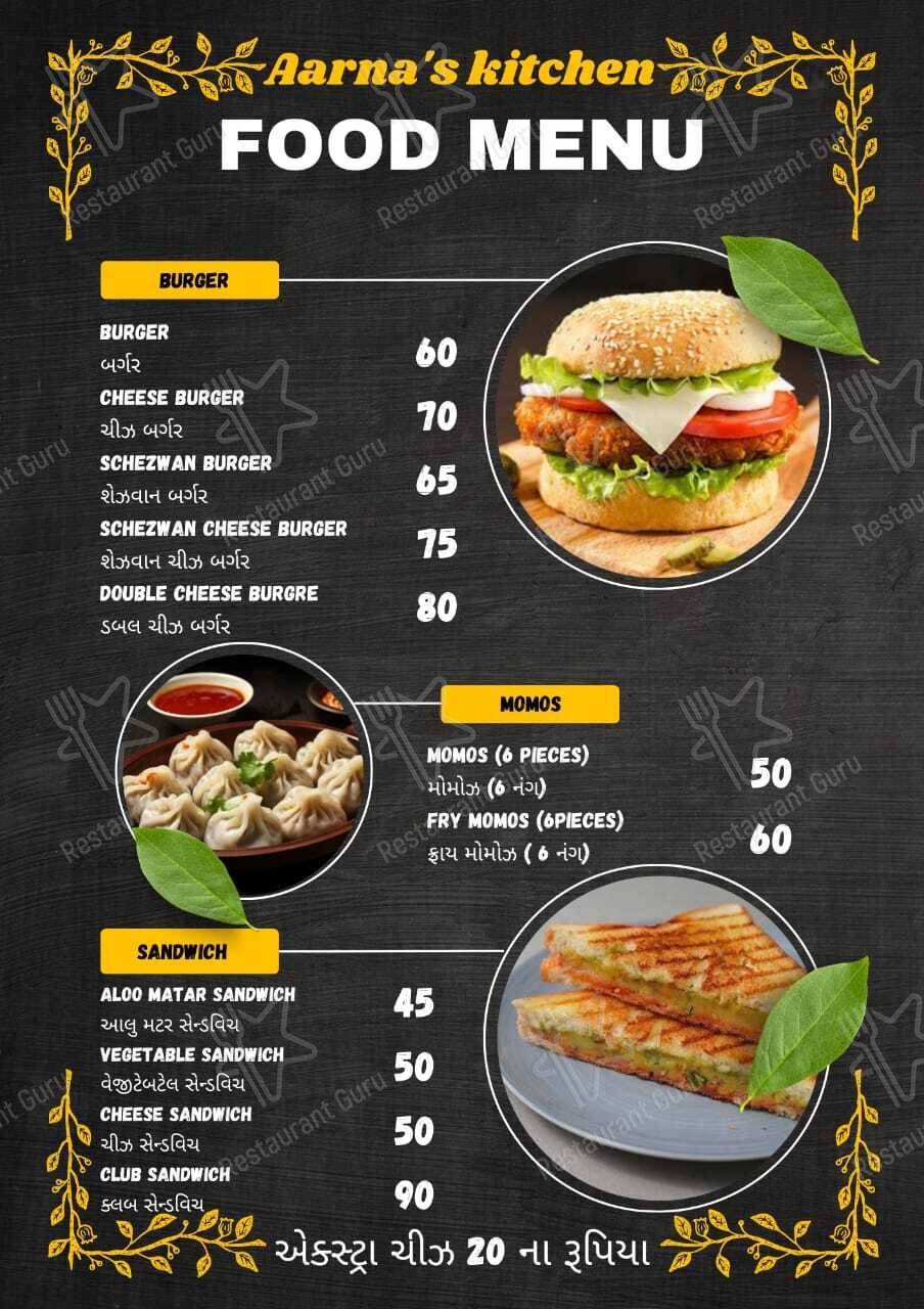 Aarna's kitchen menu - dishes and beverages