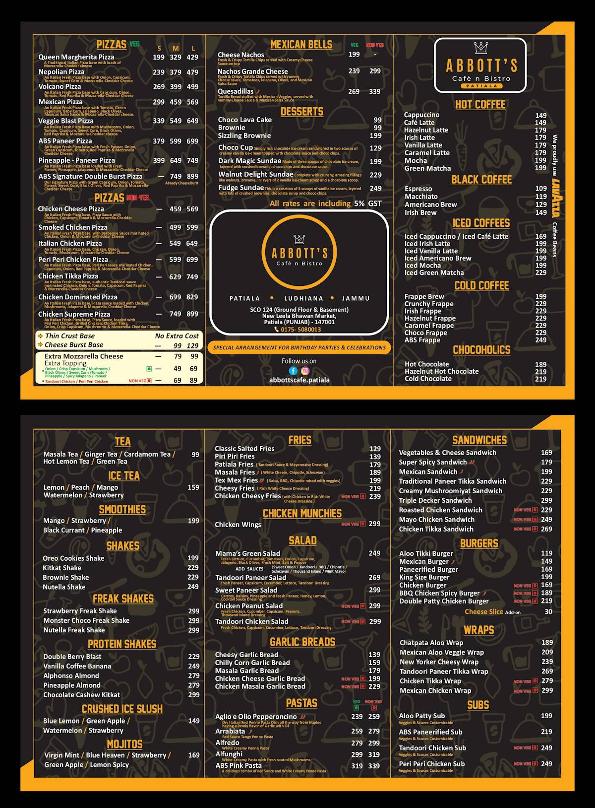 Abbott's Café n Bistro Patiala menu