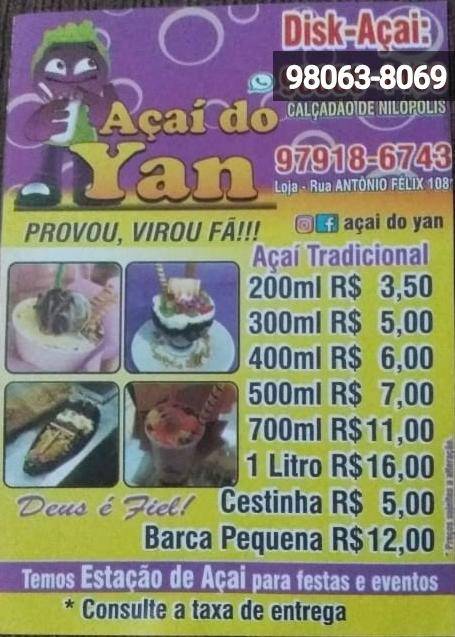 Açaí do Yan cardápio