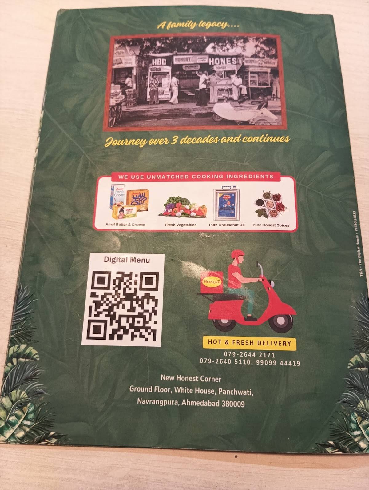 Honest Restaurant menu