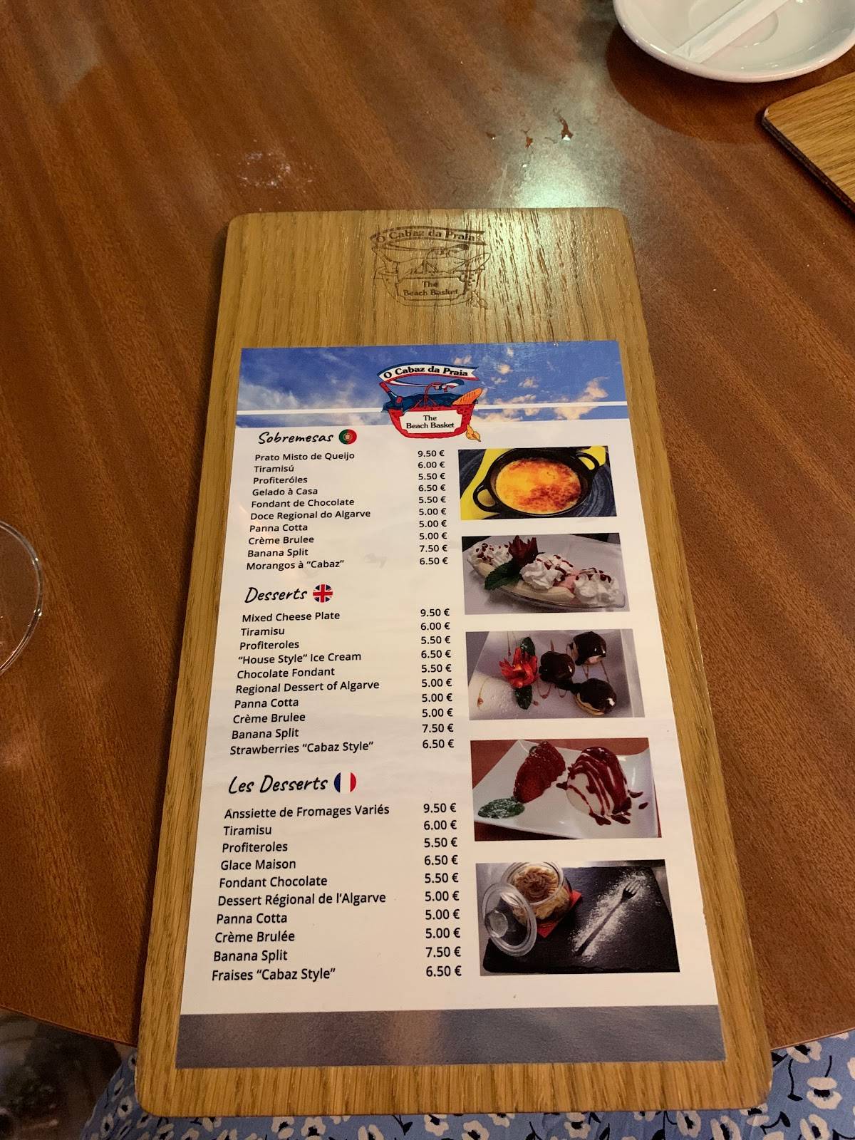 Menu at The Beach Basket restaurant, Albufeira