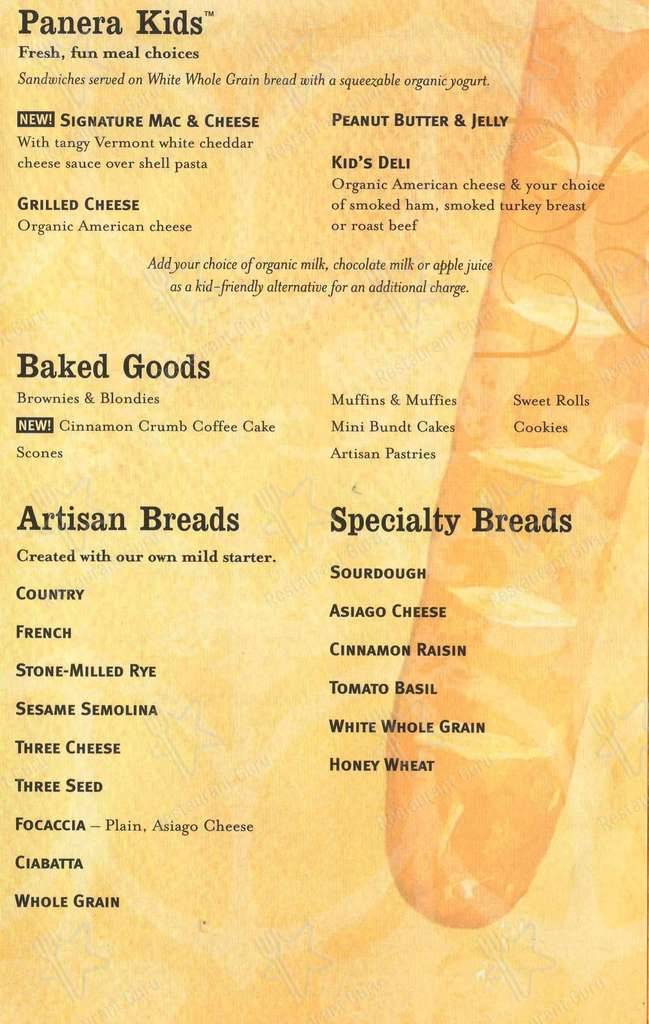 Panera Bread menu