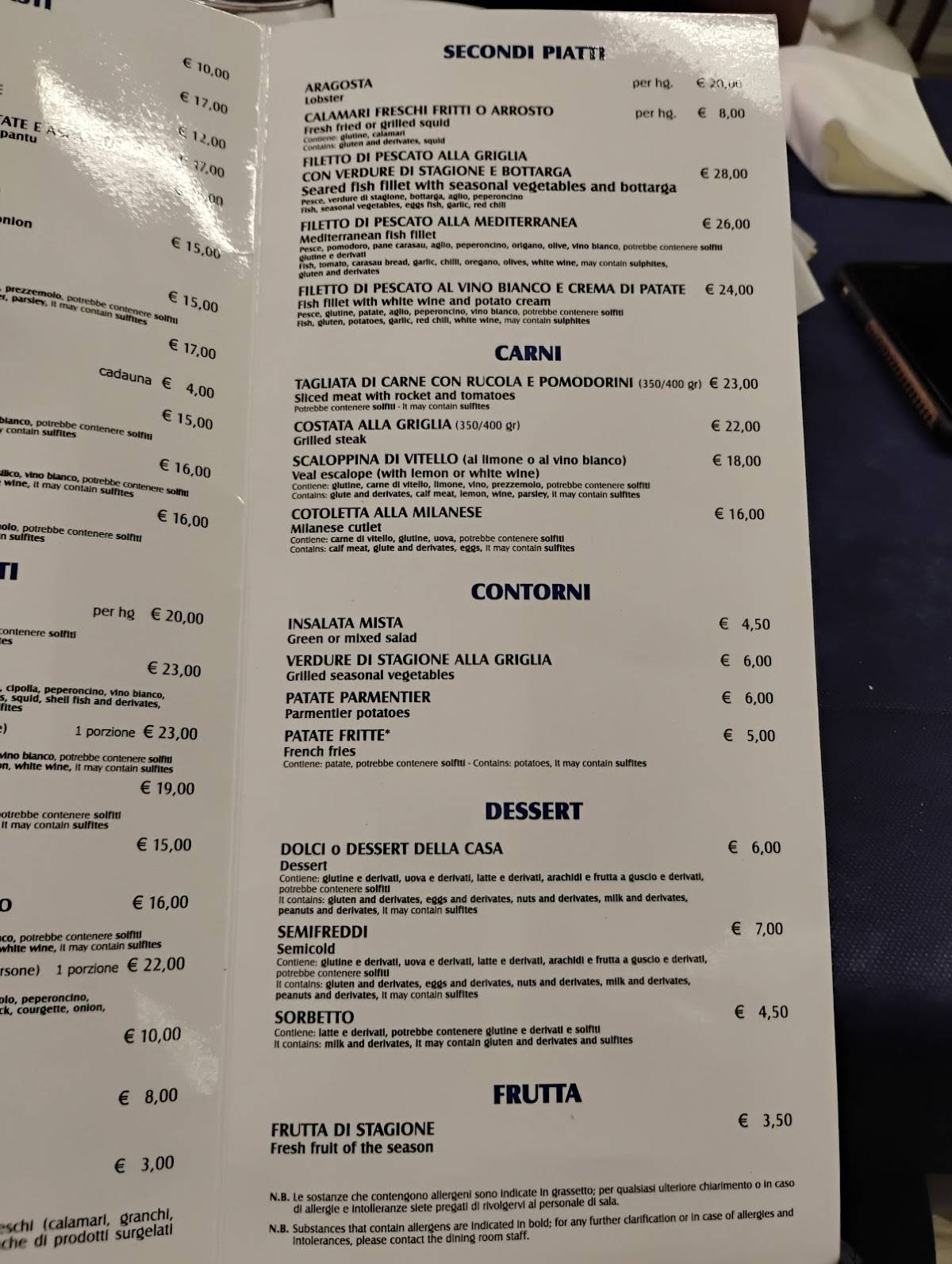 Menu di Ristorante Acquario 
