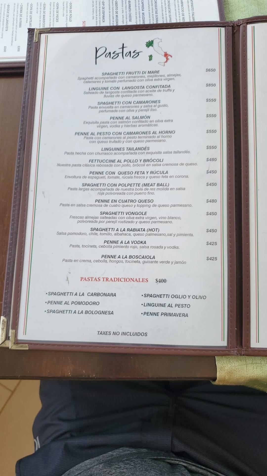 Menu at Bologna restaurant, Sosúa