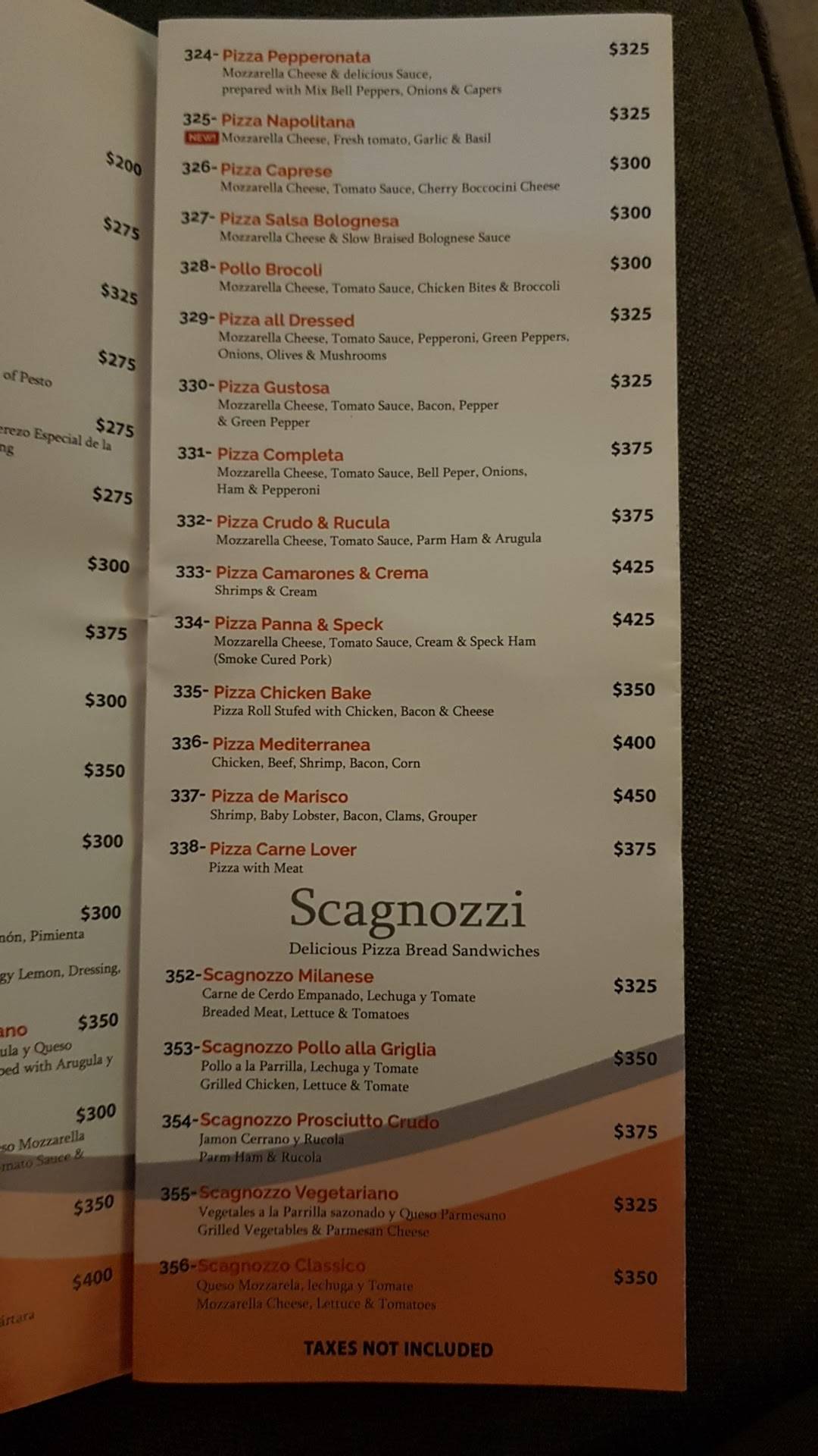 Menu at Bologna restaurant, Sosúa