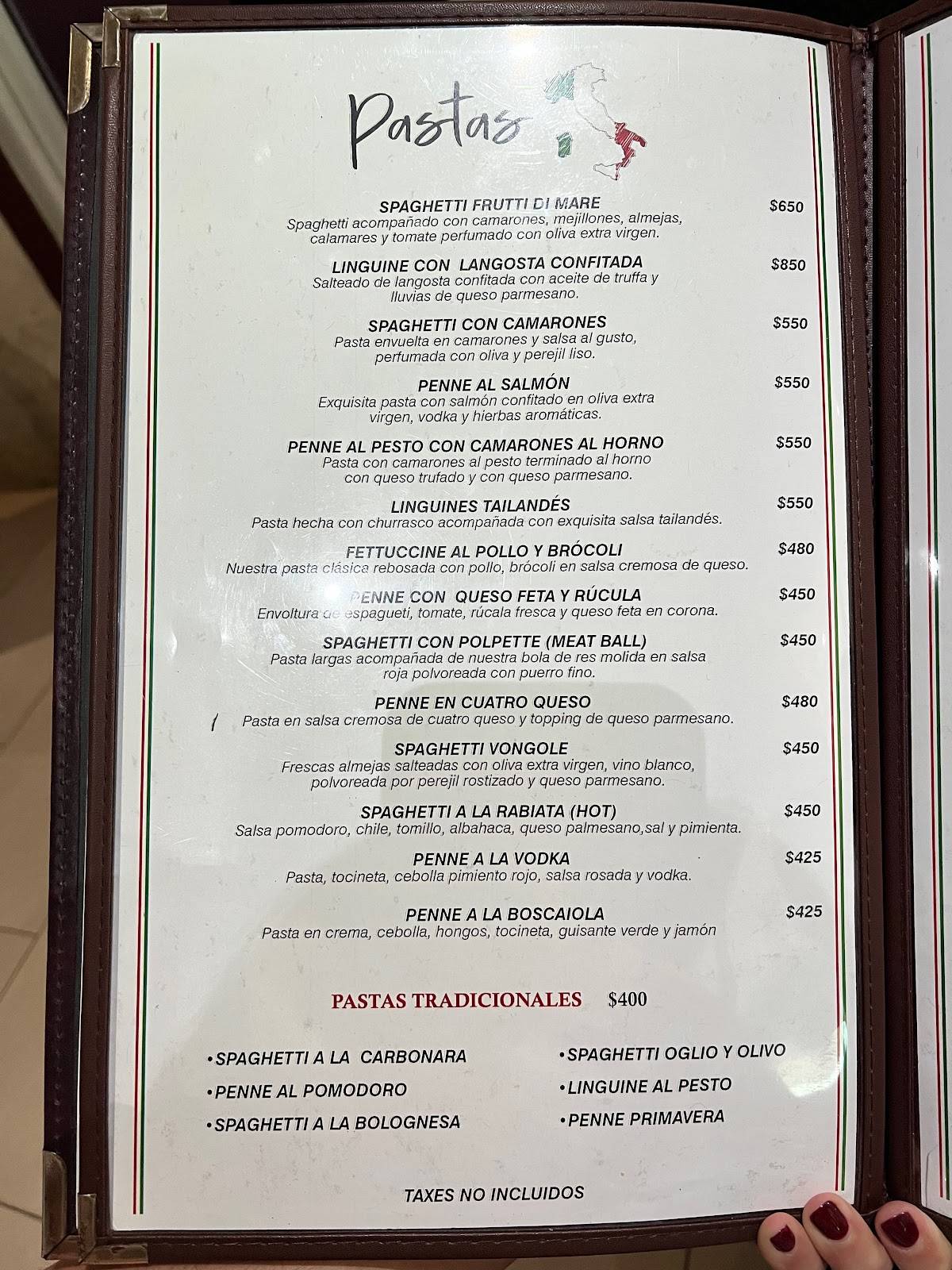 Menu at Bologna restaurant, Sosúa