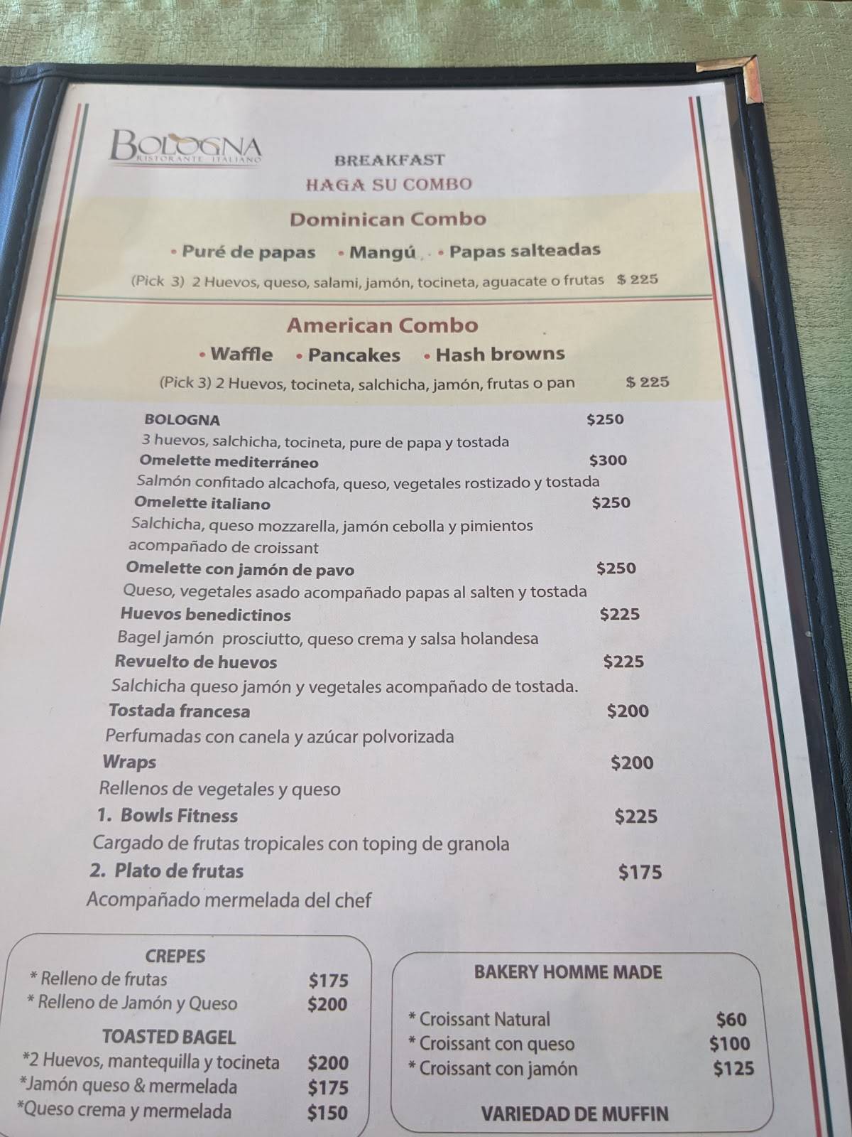 Menu at Bologna restaurant, Sosúa