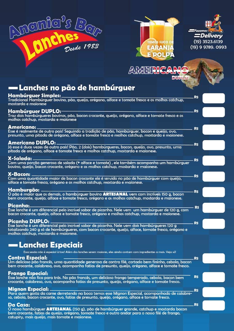 Anania´s Bar & Lanches av.29 cardápio