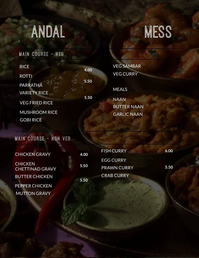 Andal Mess menu