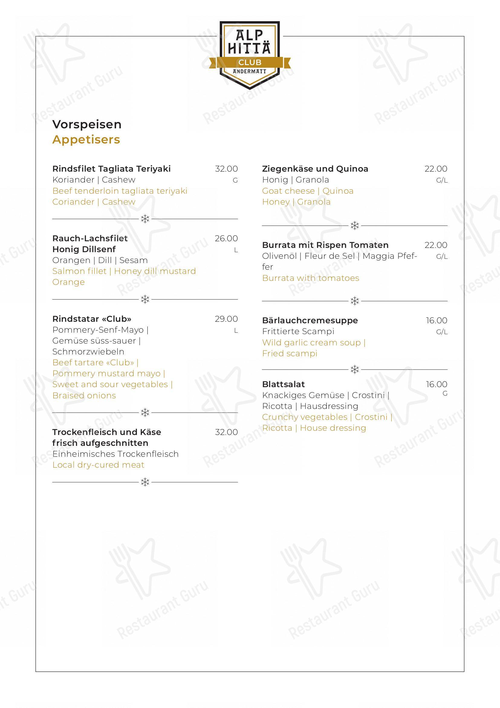 菜单 per Restaurant Alp-Hittä ristorante