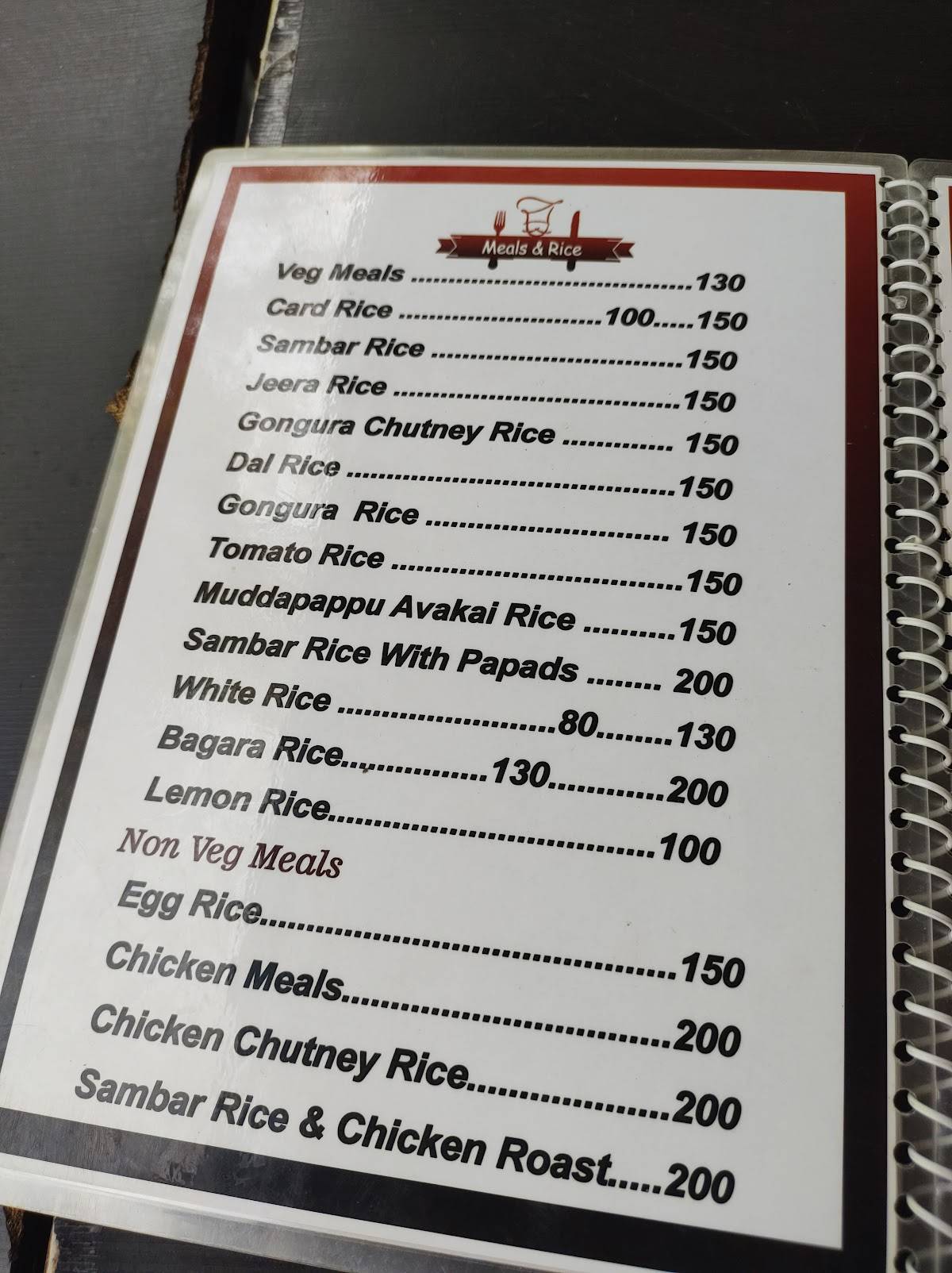 Andhra bhojanam & pulaos menu