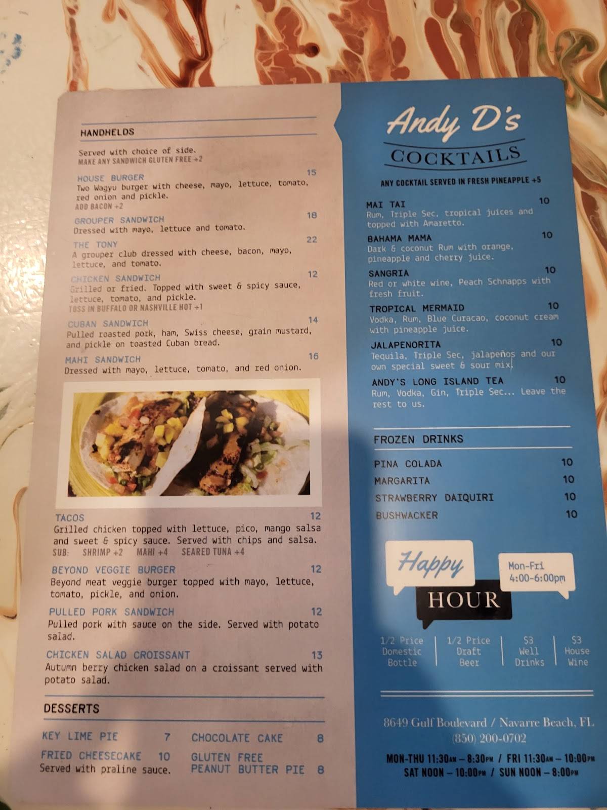 Menu at Andy D's Beachside Restaurant & Deck Bar, Navarre