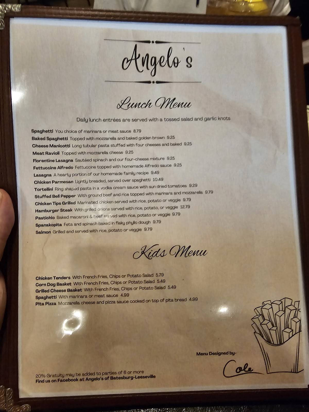 Menu at Angelo's Greek and Italian pizzeria, Batesburg-Leesville