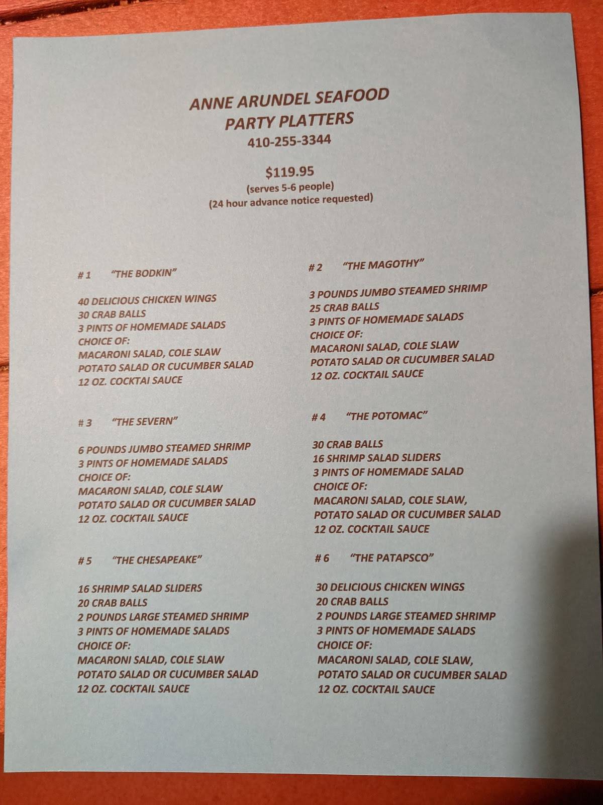 Menu at Anne Arundel Seafood restaurant, Pasadena