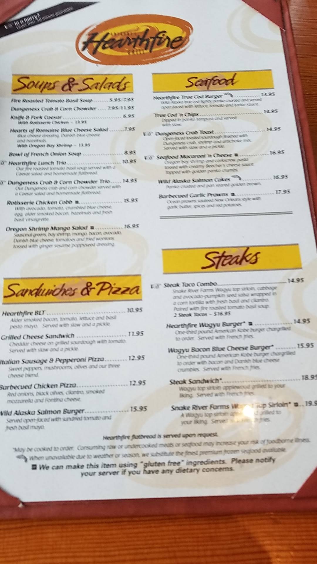 Menu at Anthony's Hearthfire Grill, Bellingham steakhouse, Bellingham
