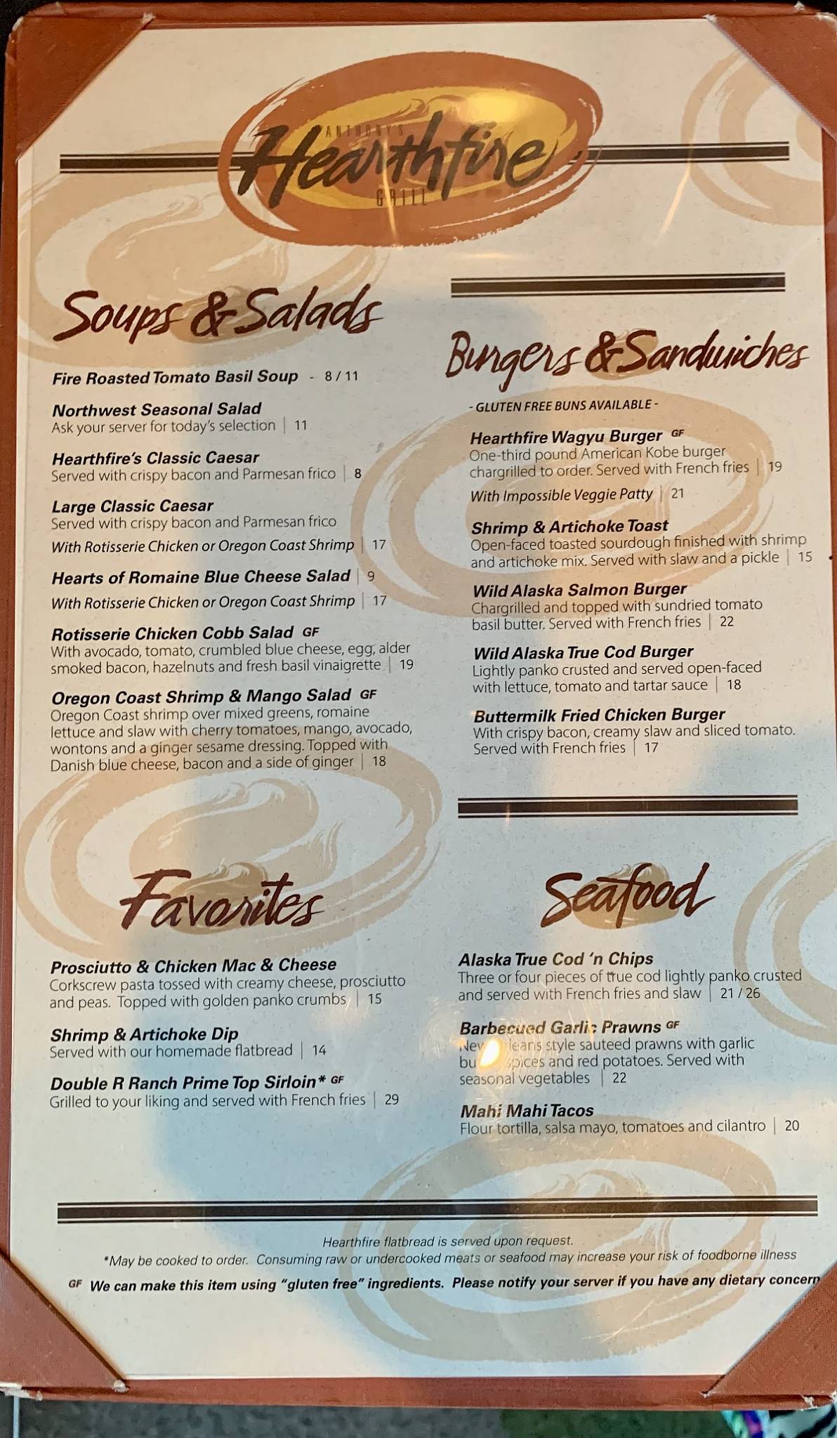 Menu at Anthony's Hearthfire Grill, Bellingham steakhouse, Bellingham