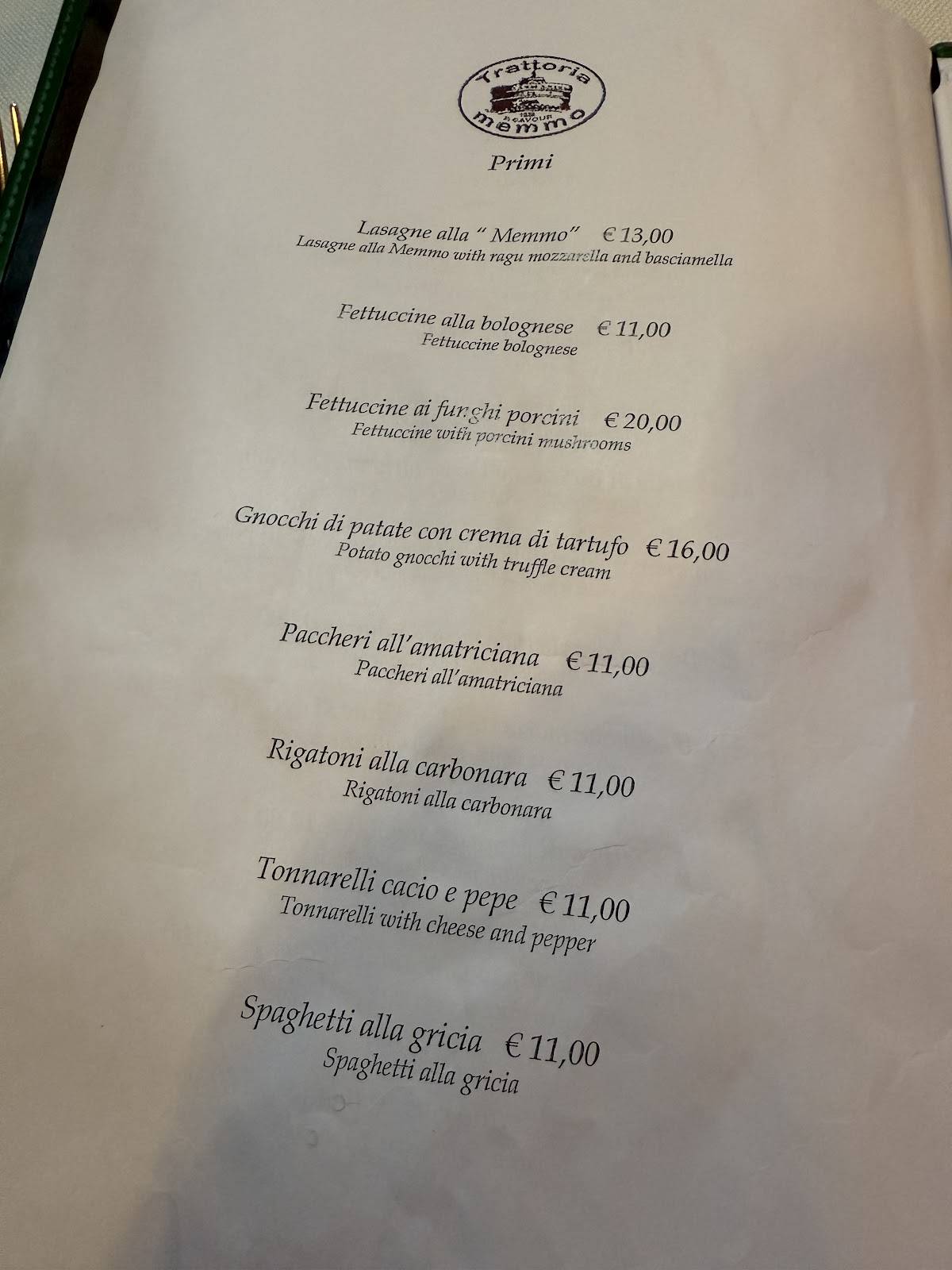 Menu di Trattoria Memmo Srl 