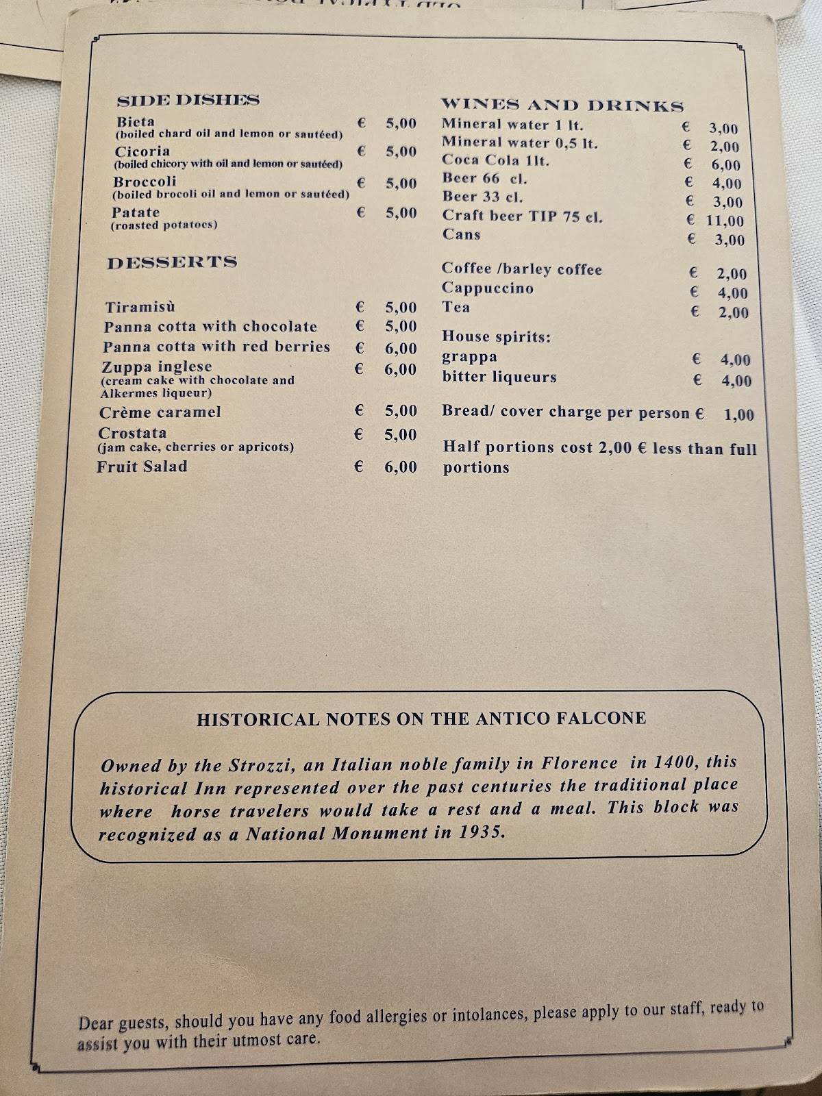 Menu di Trattoria Antico Falcone 