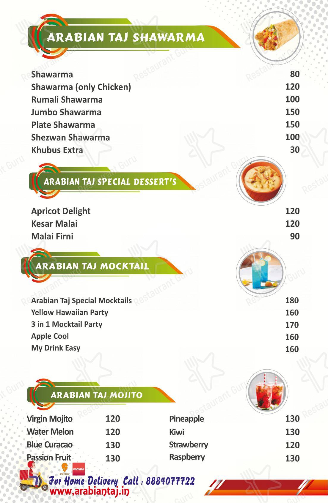 Arabian Taj Family Restaurant menu