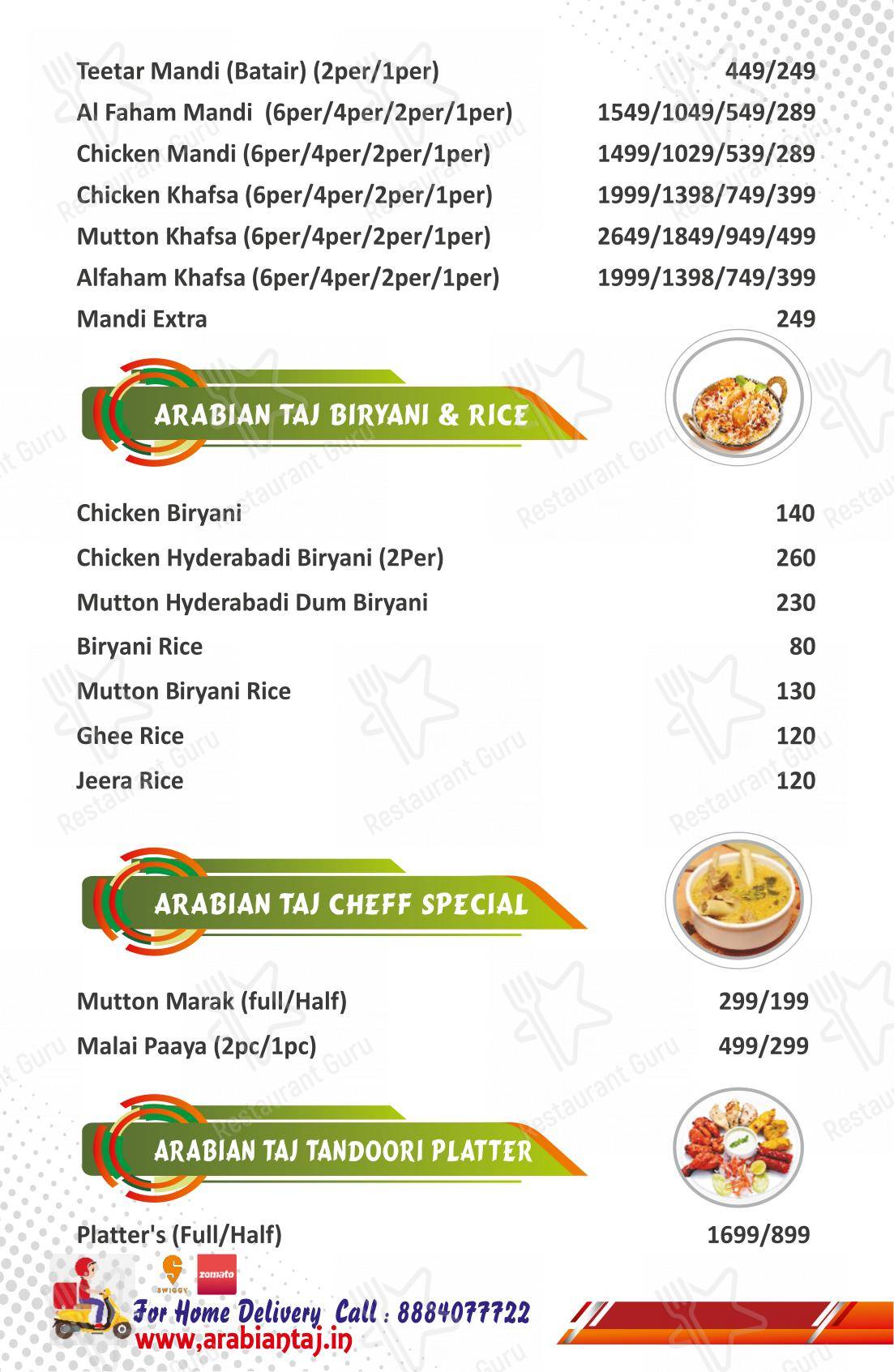 Arabian Taj Family Restaurant menu