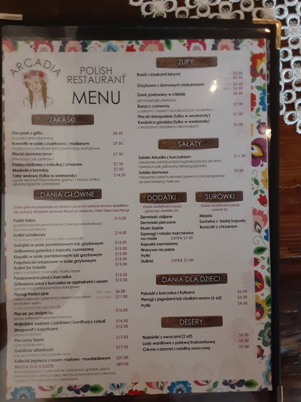 Menu at Arcadia Polish Restaurant, Niles, N Milwaukee Ave