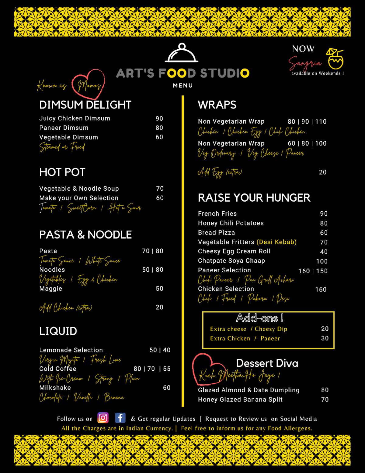 Art's Food Studio menu