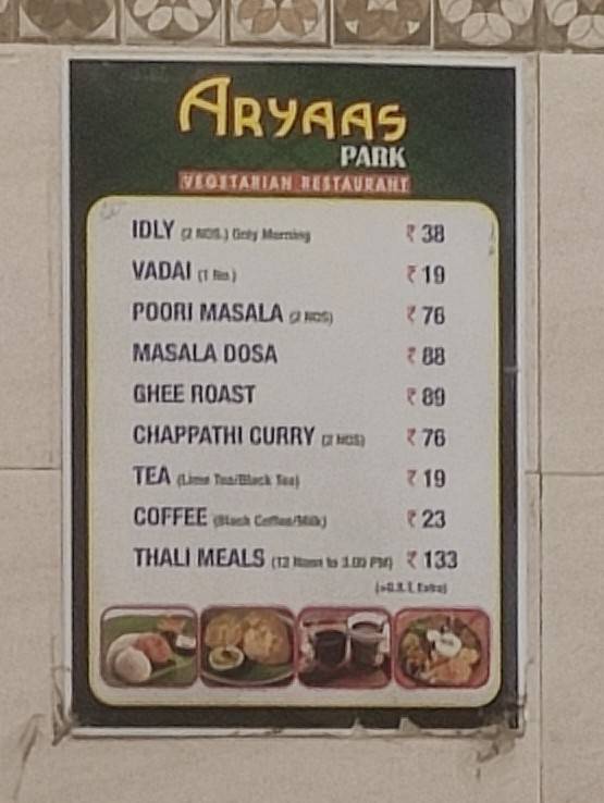 Aryaas Park Veg Restaurant menu