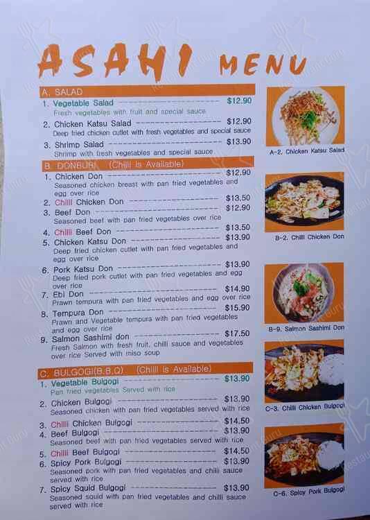 Menu at Asahi sushi restaurant, Warkworth